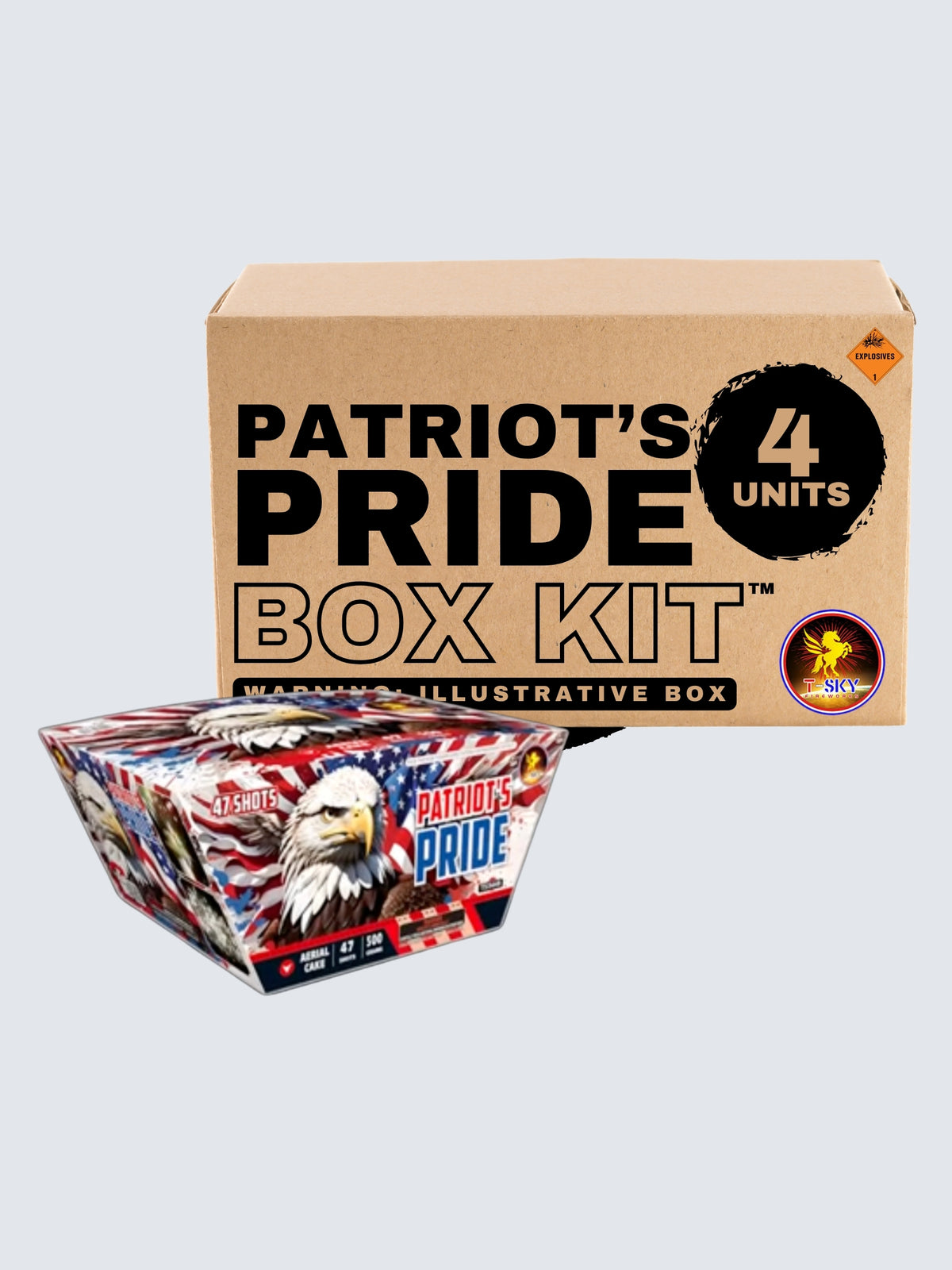 Patriot's Pride 47-shot aerial repeater box kit by T-Sky Fireworks, featuring 4 units with bald eagle and American flag artwork.