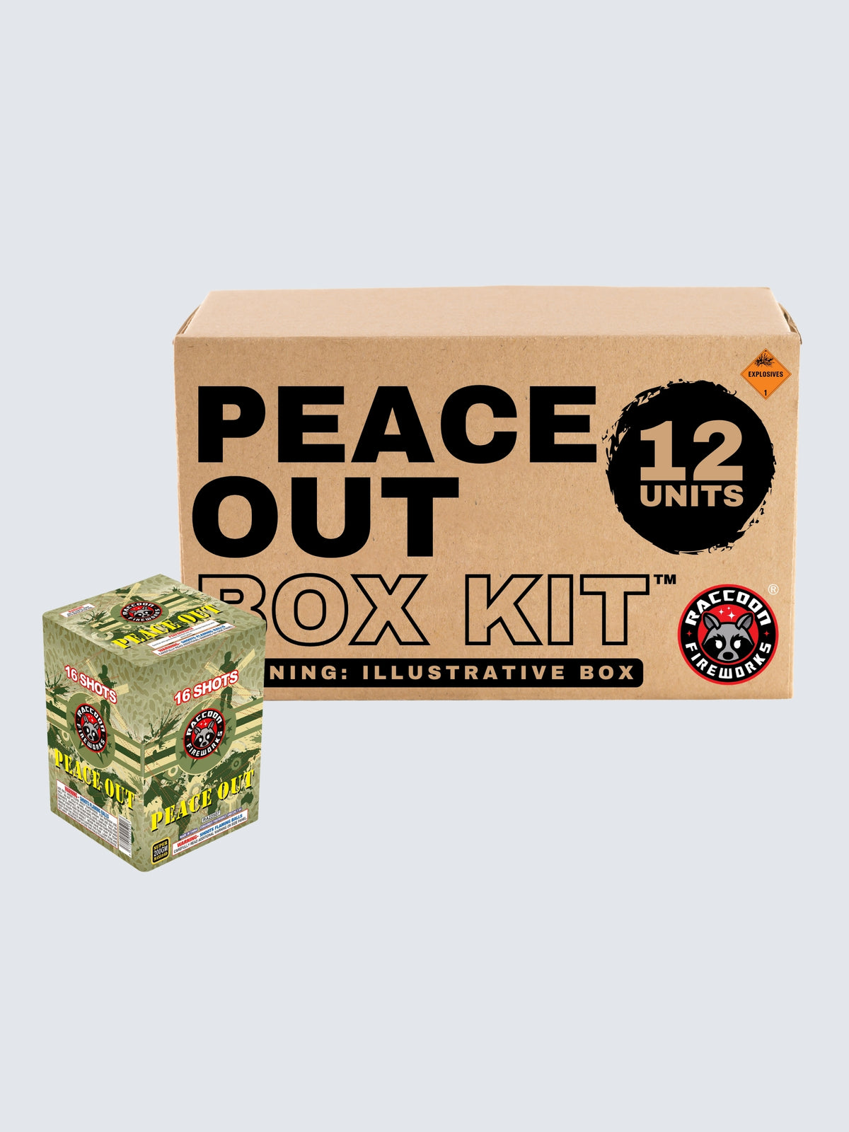 Peace Out 16-shot aerial repeater box kit by Raccoon Fireworks with 12 units and camouflage packaging with green peace symbols.