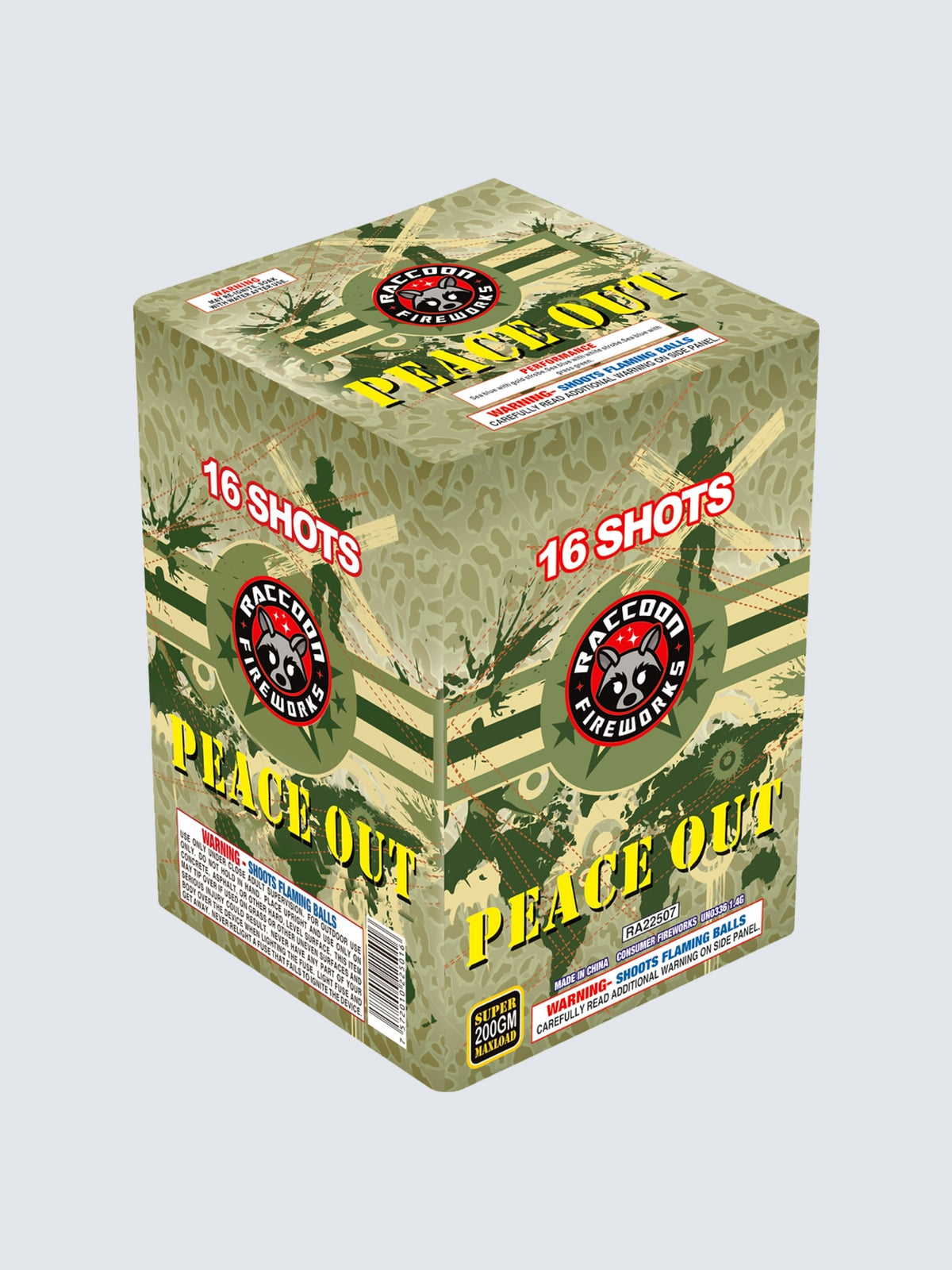 Peace Out 16-shot aerial repeater by Raccoon Fireworks with camouflage patterns, green peace symbols, and yellow lettering.