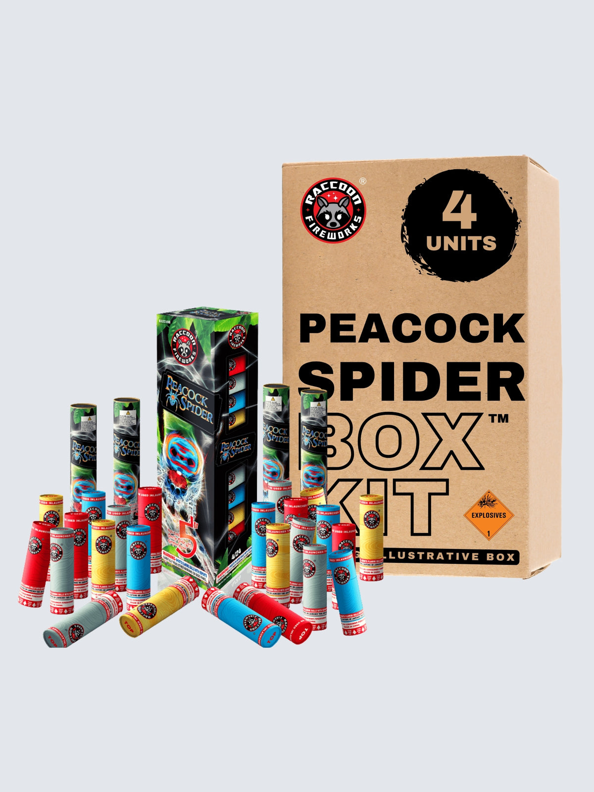 Peacock Spider 24-break artillery shell box kit with four units and vibrant red and blue spider art on black packaging.