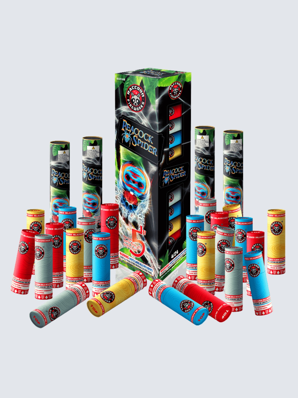 Peacock Spider 24-break artillery shell fireworks kit with vibrant red and blue spider artwork on black packaging.