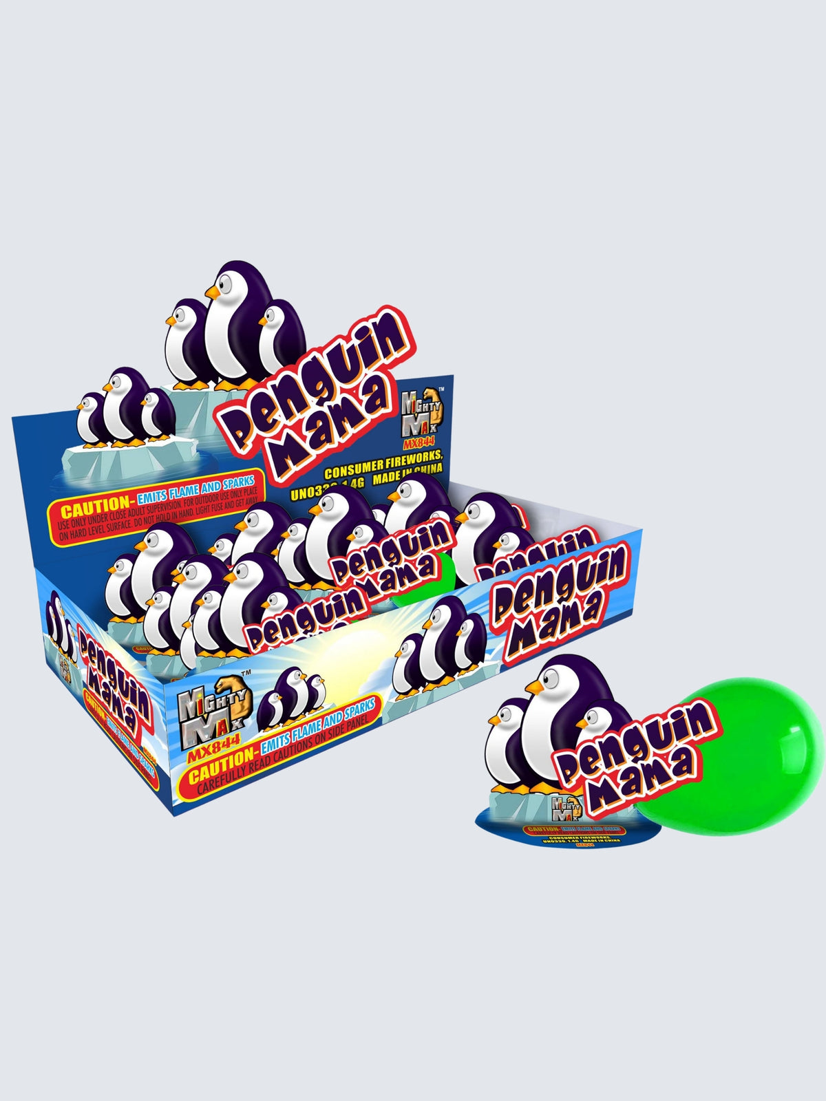 Penguin Mama paper-craft novelty fireworks sleeve kit with three penguins and a mama penguin on icy packaging.