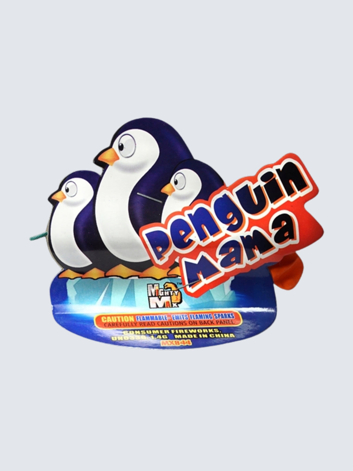Penguin Mama paper-craft penguin-shaped ground novelty firework with cartoon penguins on ice on the packaging.
