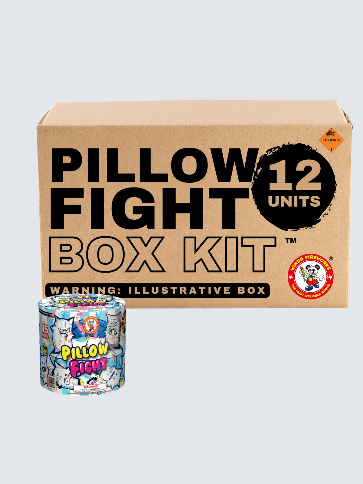 Pillow Fight 15-shot aerial repeater box kit by Winda Fireworks includes 12 units with cartoon cats and colorful pillow fight artwork.