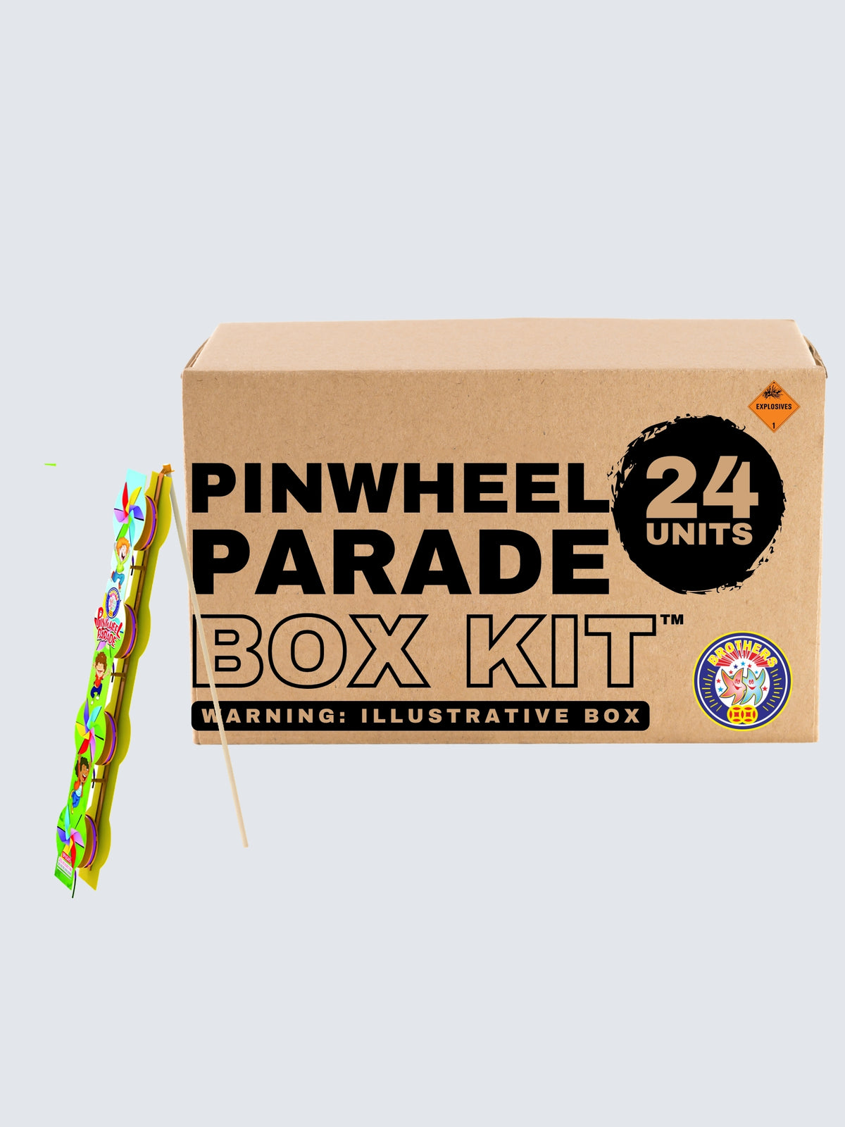 Pinwheel Parade novelty fireworks by Brothers Fireworks, 24-unit box kit featuring colorful pinwheels on wooden sticks.