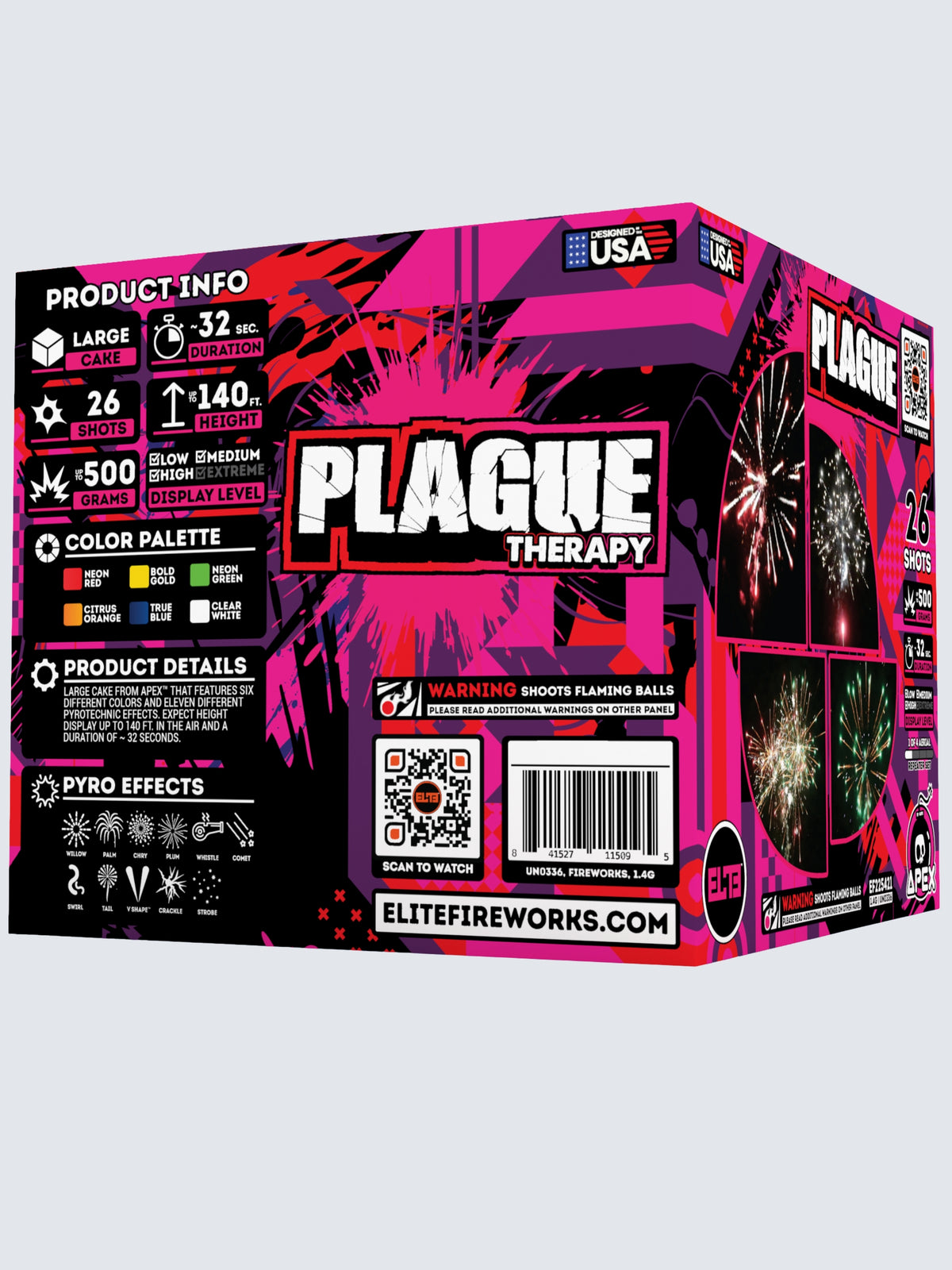 Unit of Plague Therapy large cake fireworks. Packaging shows a splash of purple colors.