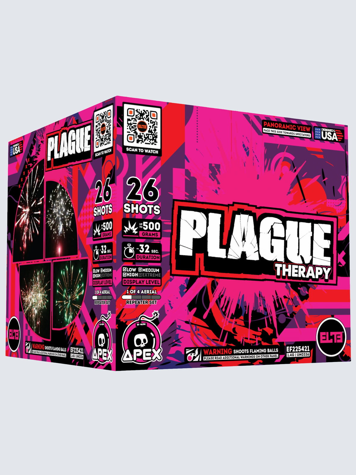 Unit of Plague Therapy large cake fireworks. Packaging shows a splash of purple colors.