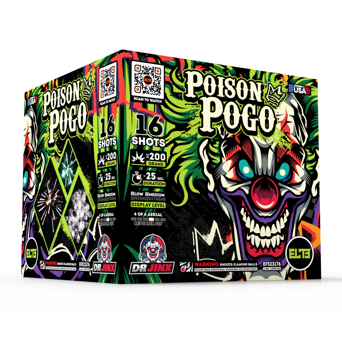 Front and left panels of the Doctor Jinx Poison Pogo 16-shot aerial cake firework.