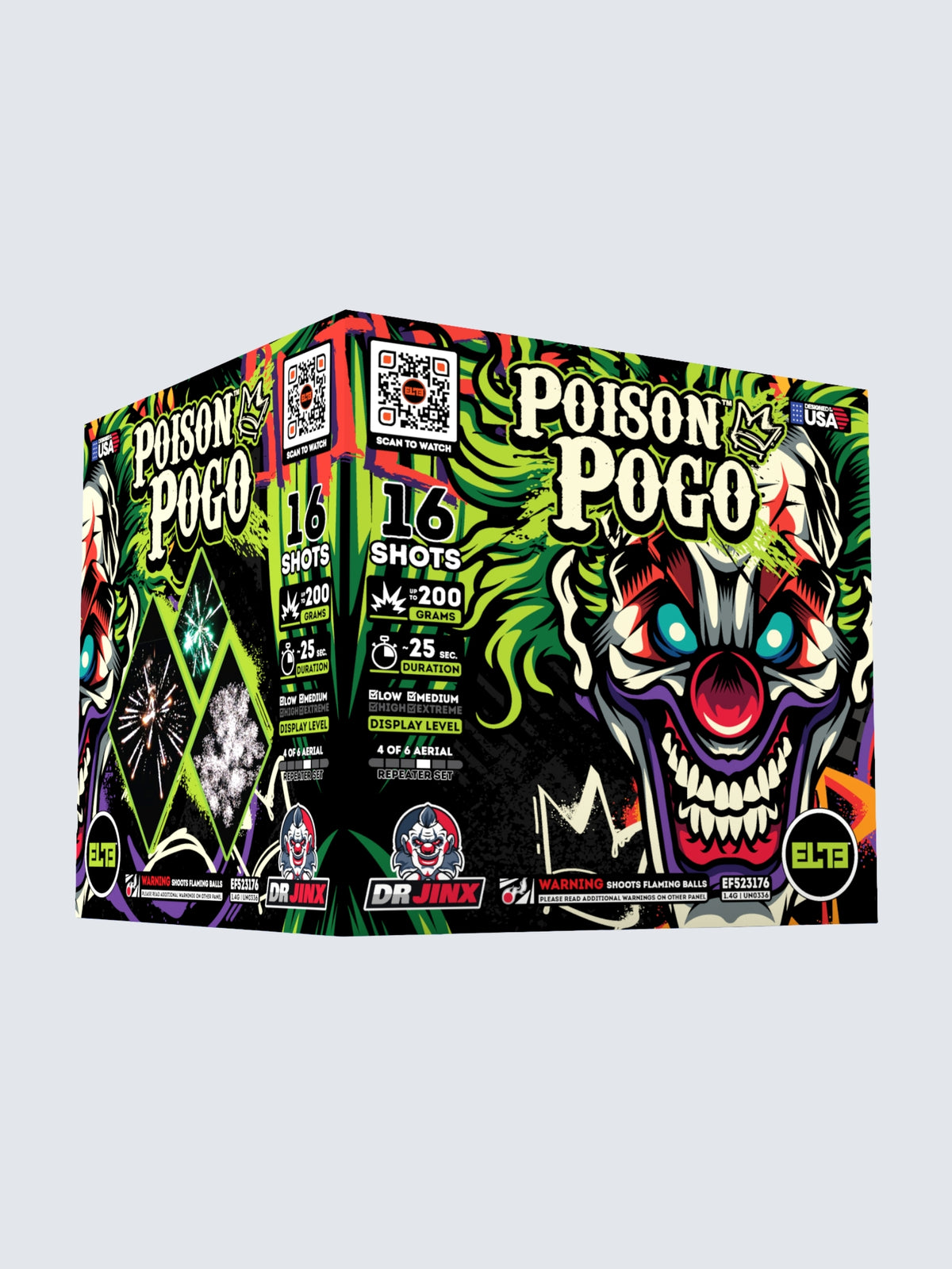 Front and left panels of the Doctor Jinx Poison Pogo 16-shot aerial cake firework.