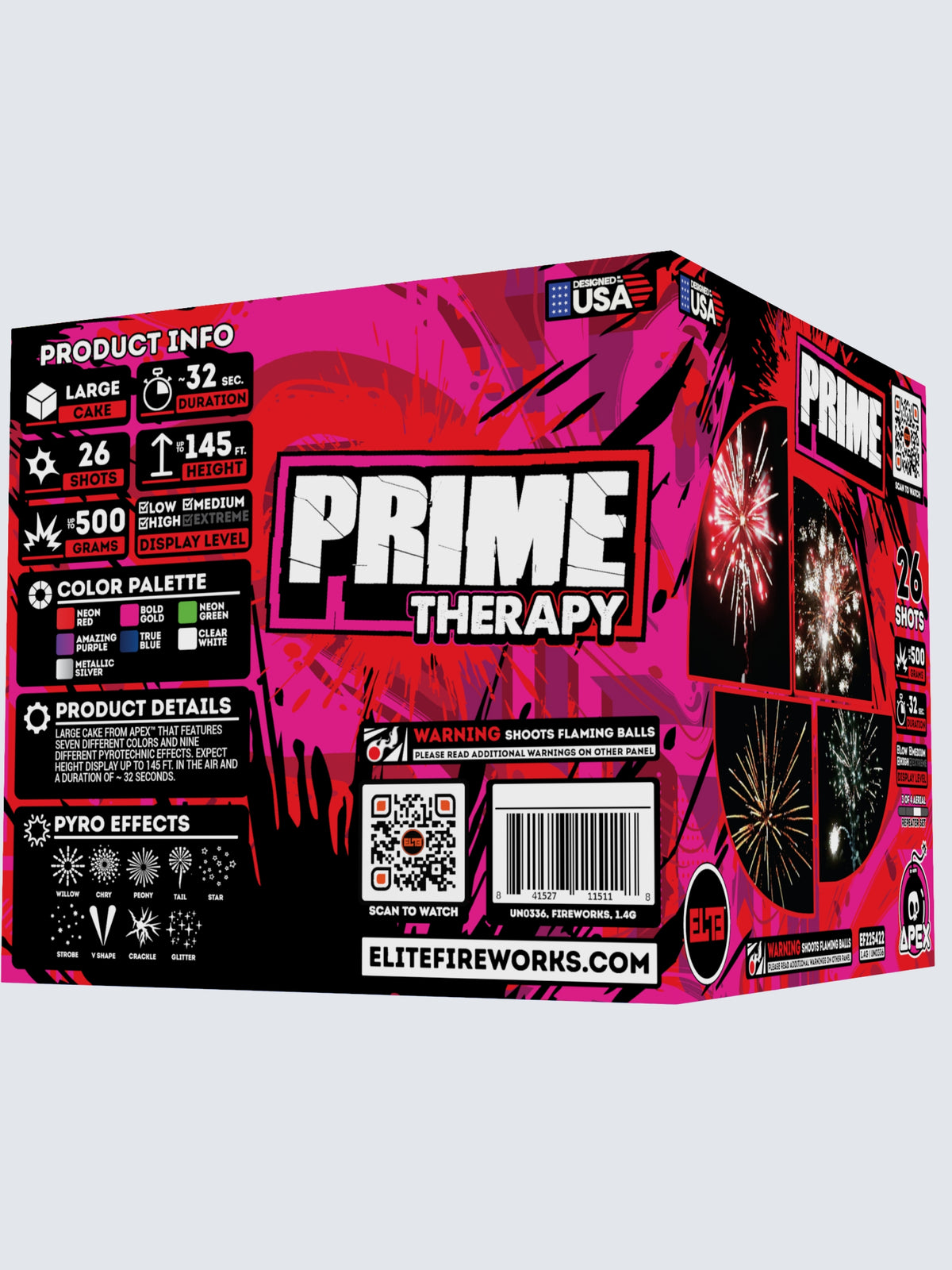 Unit of Prime Therapy large cake Fireworks. Packaging shows a splatter of pink color.