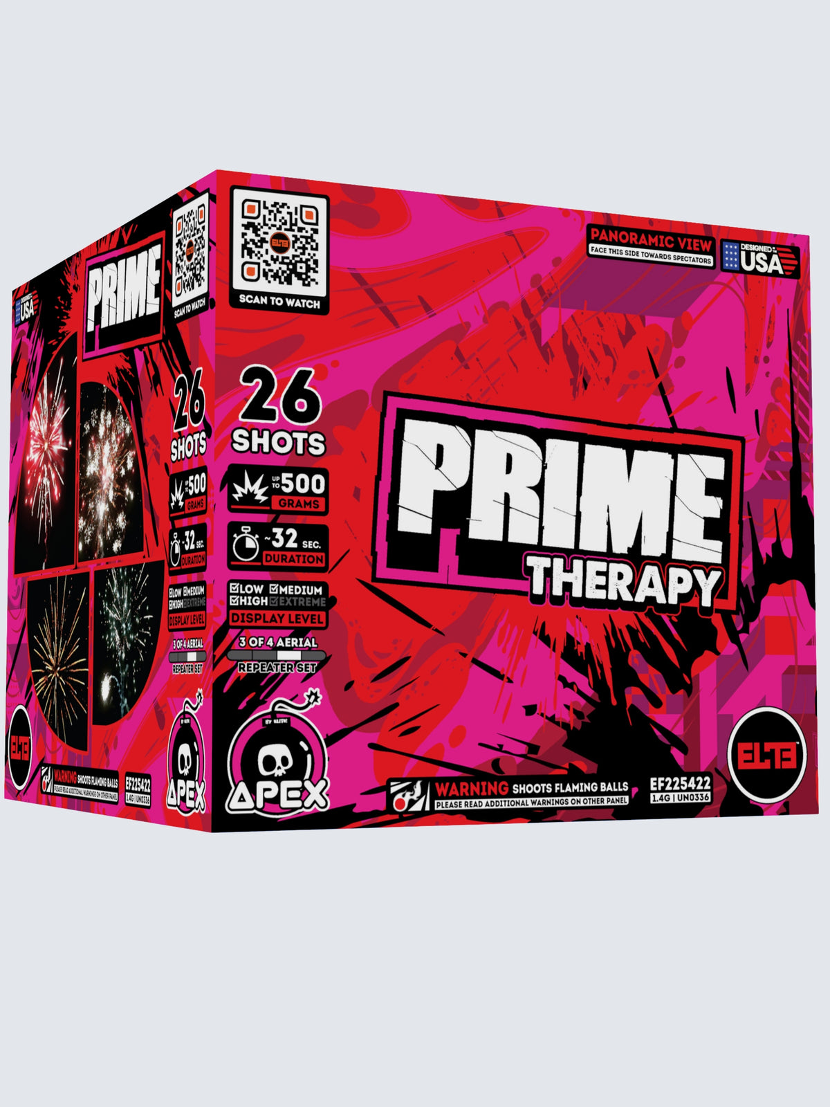 Unit of Prime Therapy large cake Fireworks. Packaging shows a splatter of pink color.