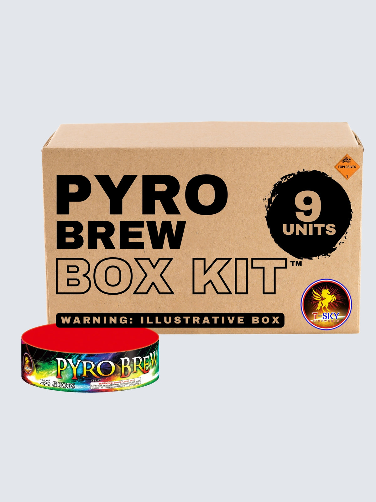 Pyro Brew 256-shot firework box kit by T-Sky Fireworks with 9 units, round packaging, a red top, and gold lettering over colorful swirling artwork.