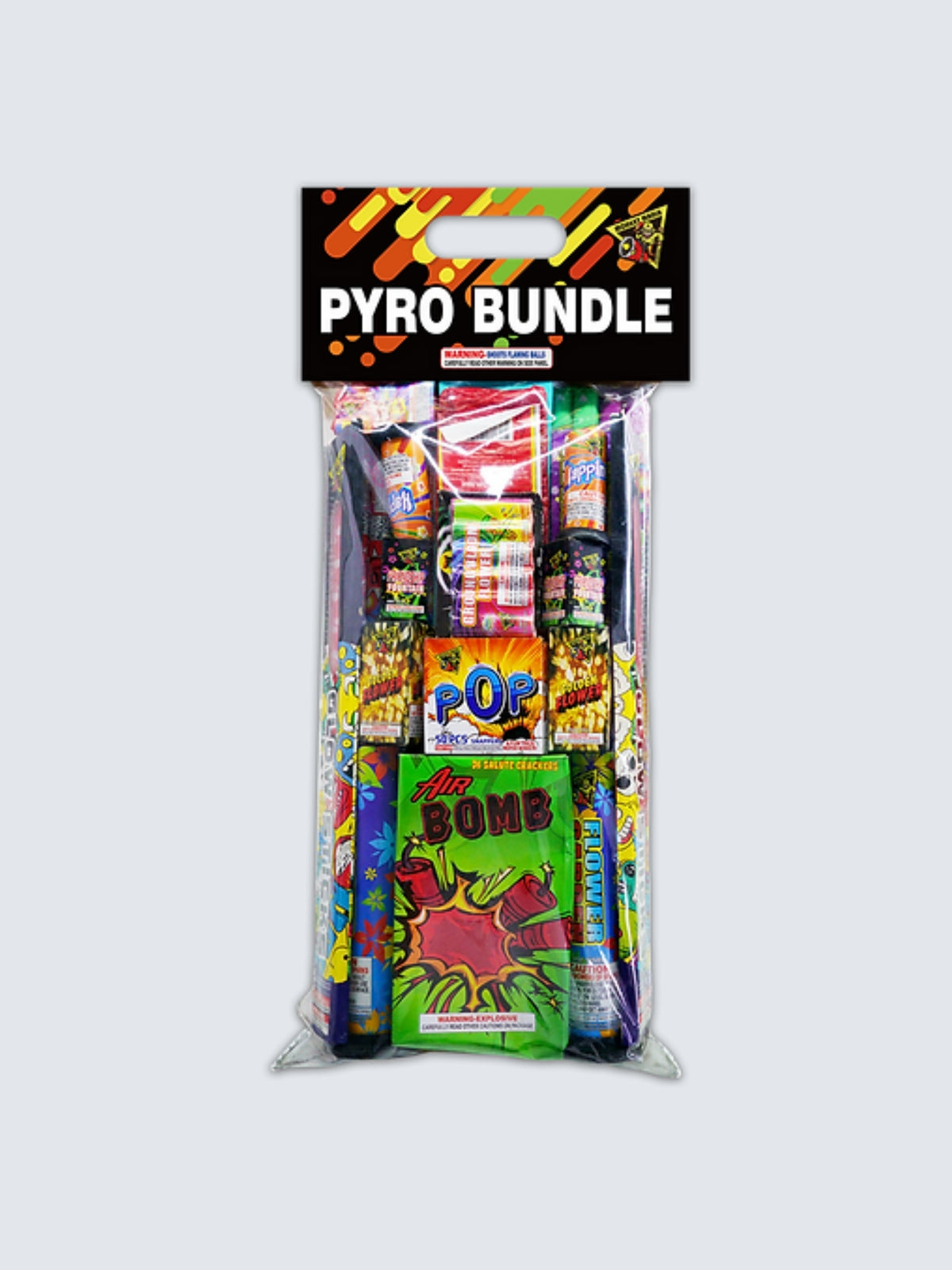 Pyro Bundle Fireworks Variety Assortment with black background and colorful packaging by Monkey Mania.