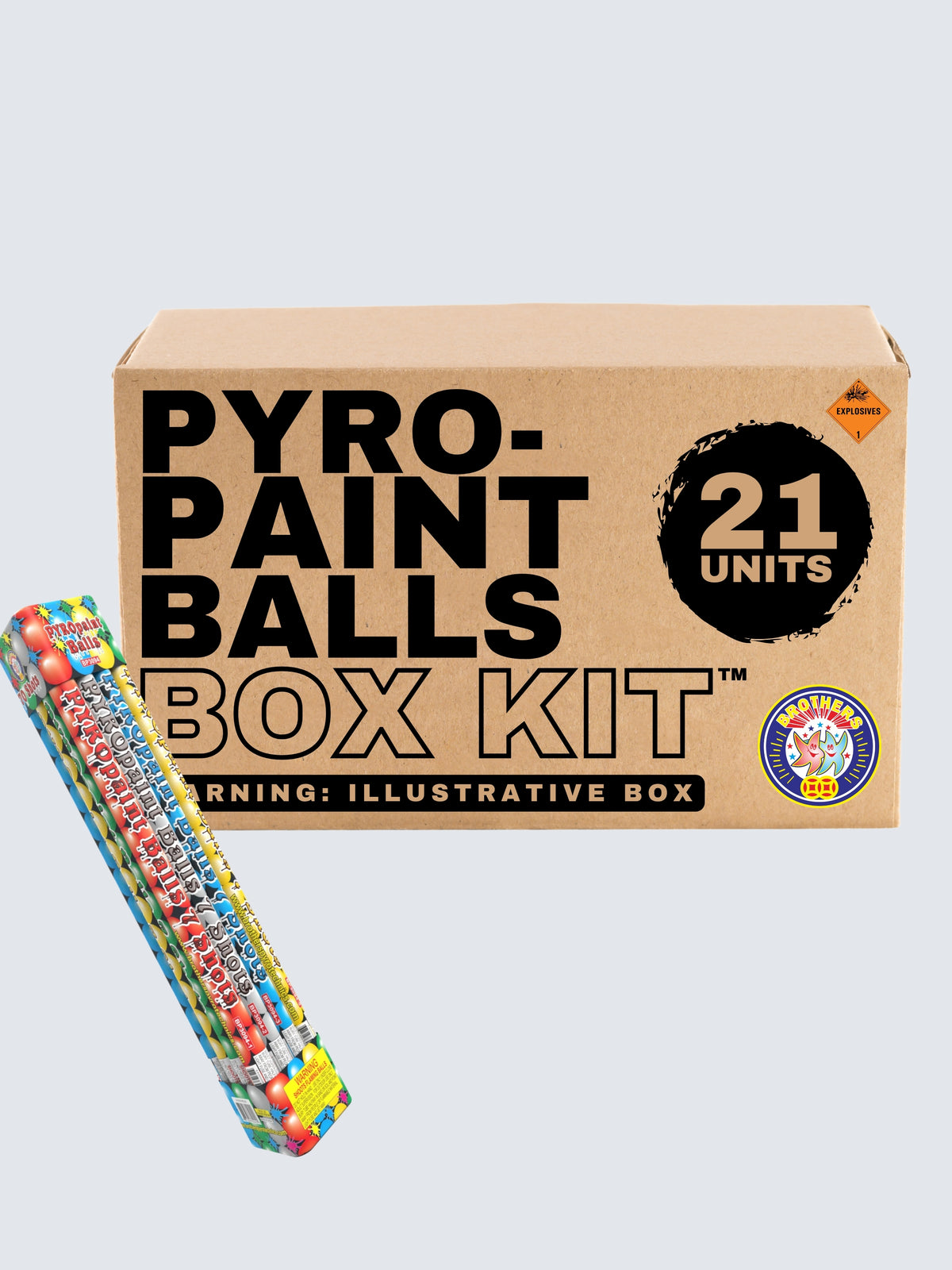 Box kit of Pyro Paint Balls 7 shot roman candles. Includes 21 units.