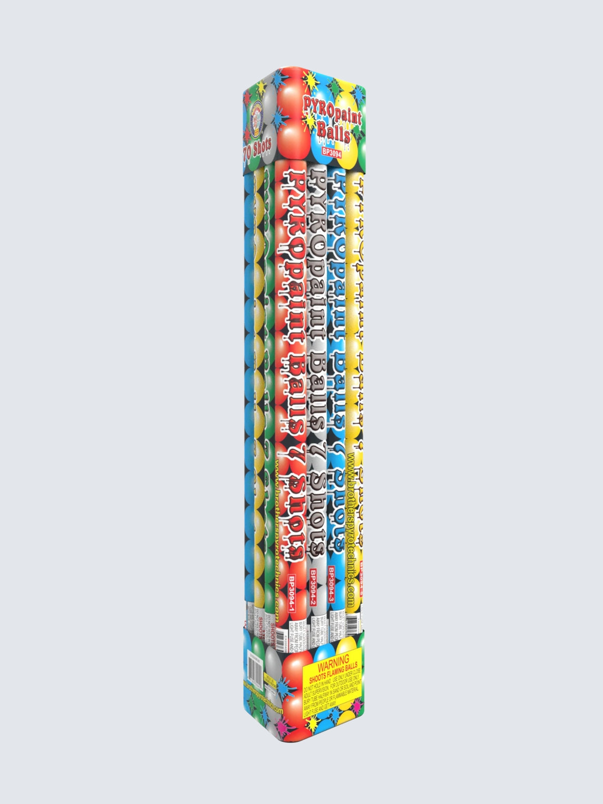 Unit of Pyro Paint Balls 7 shot roman candles. Packaging is bright with primary colors.