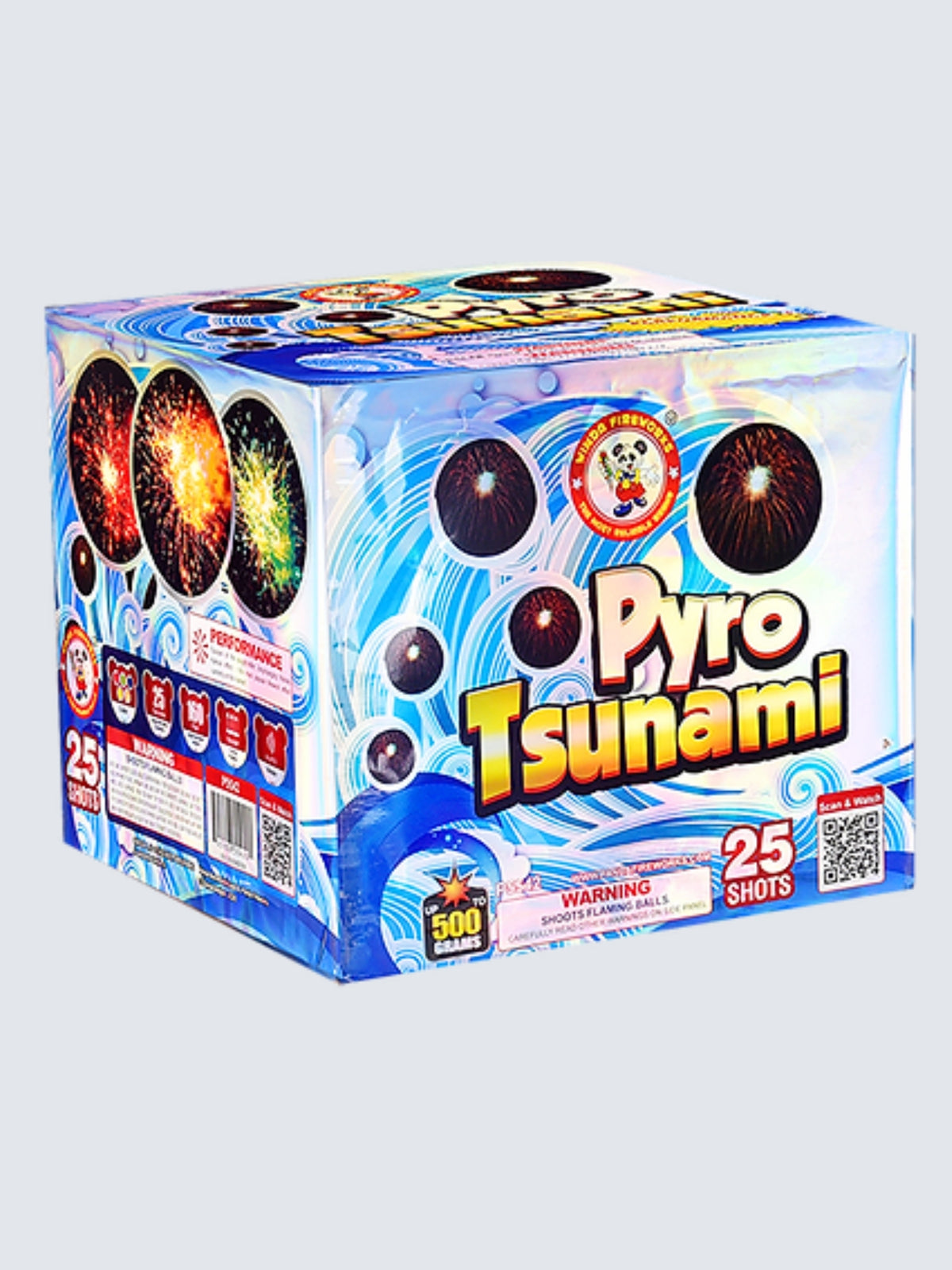 Pyro Tsunami 25-shot aerial repeater by Winda Fireworks with stylized towering waves on a white background.
