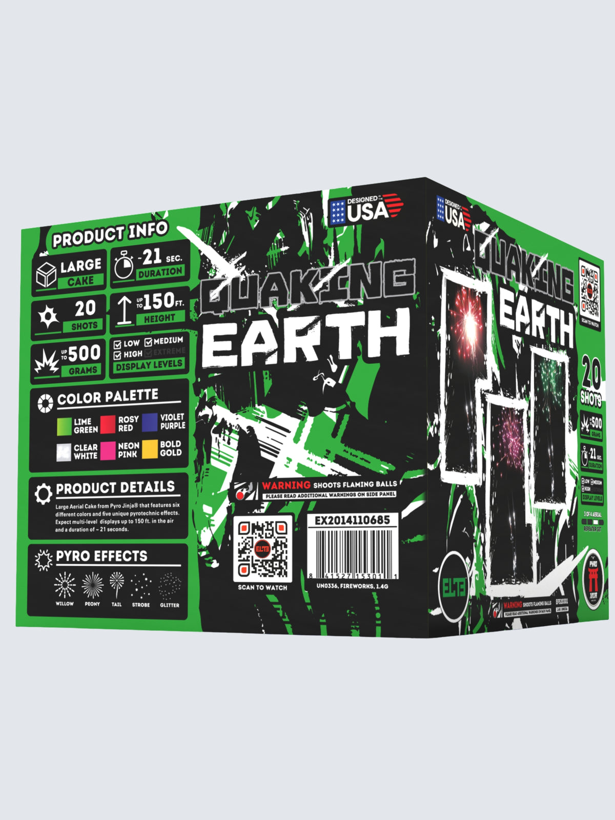 Unit of Quaking Earth large cake fireworks. Includes 20 shots, with green camo packaging.
