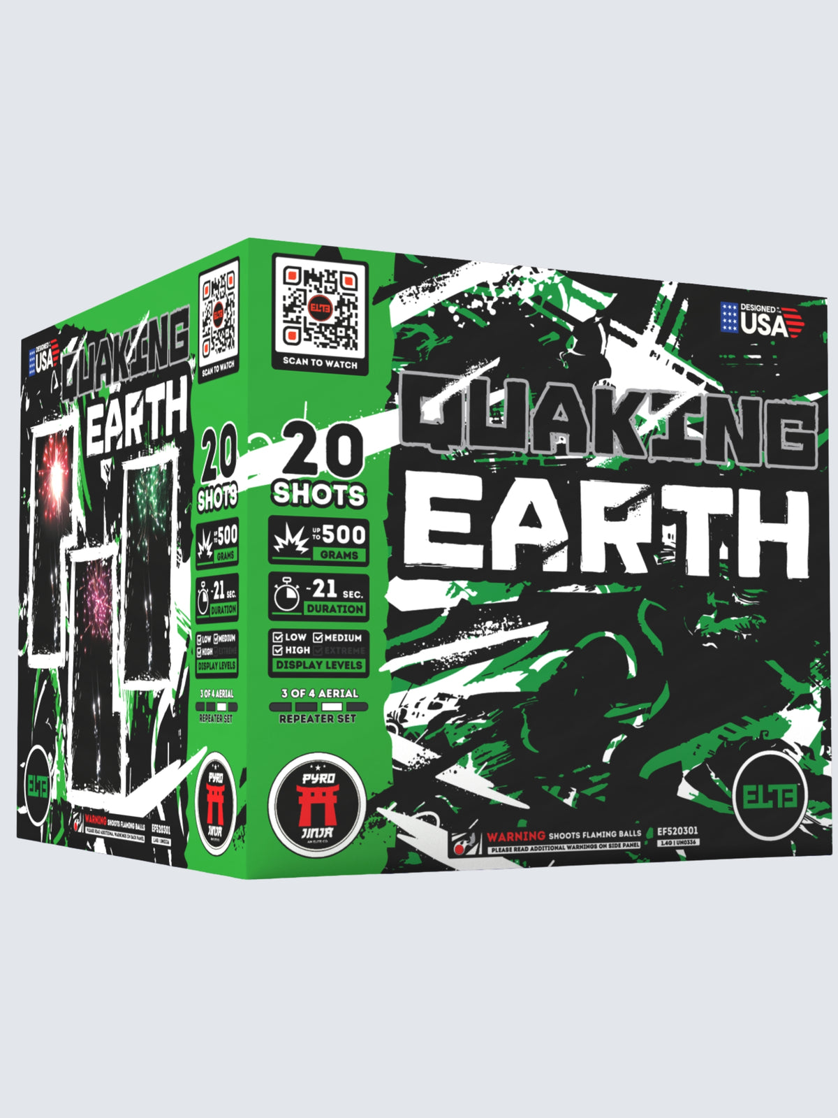 Unit of Quaking Earth large cake fireworks. Includes 20 shots, with green camo packaging.