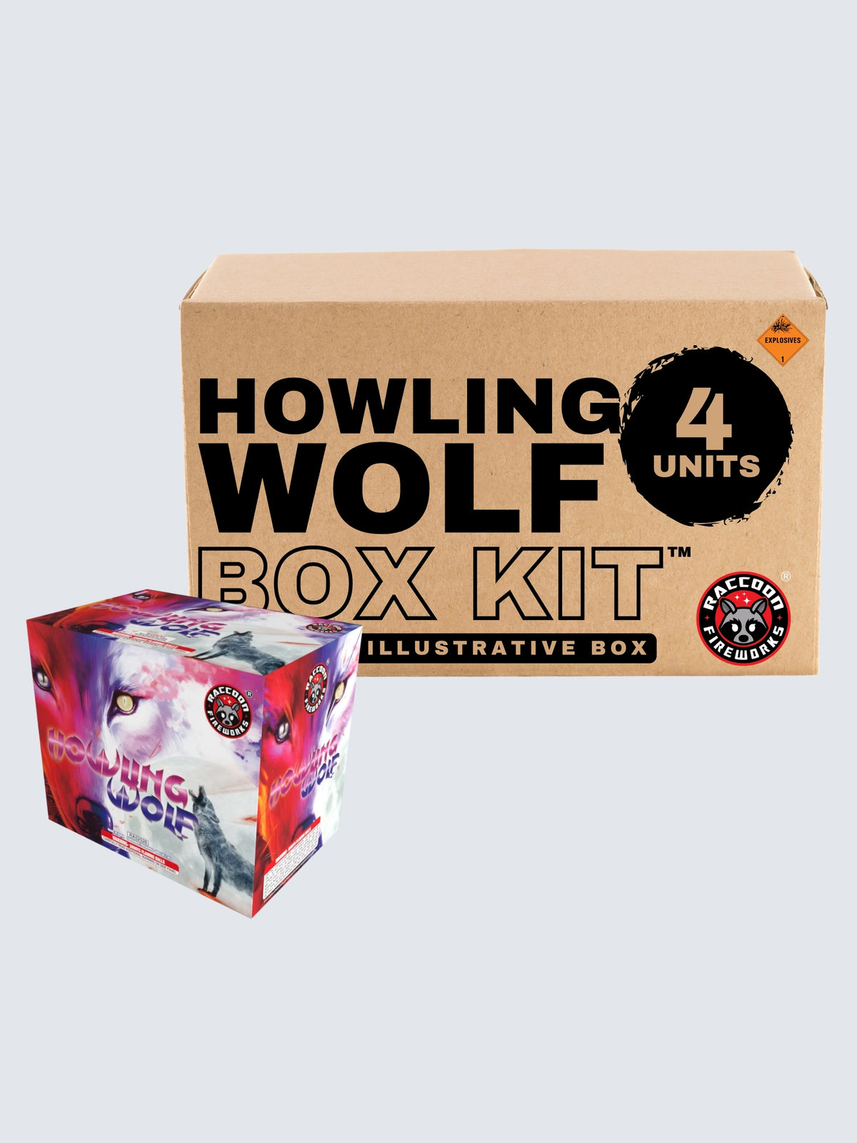 Raccoon Fireworks Howling Wolf 36-shot aerial repeater box kit with four units and wolf artwork against a white sky.