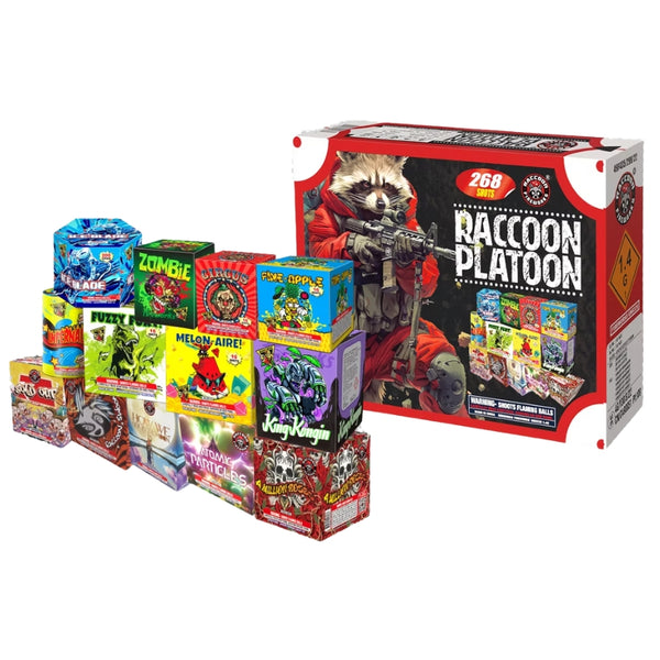 Raccoon Platoon | 268 Shot Box Kit™ -  Ice Blade - Zombie - Circus - Fine-Apple - Infernals - Fuzzy Furry - Melon-Aire! - King Kongin - Sold Out - Raccoon Swoon - How We Got To The Moon - Atomic Particles - A Million Roses