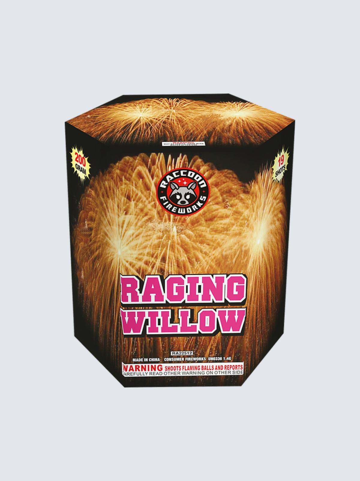 Raging Willow 19-shot aerial repeater by Raccoon Fireworks with golden willow bursts and pink lettering on black packaging.