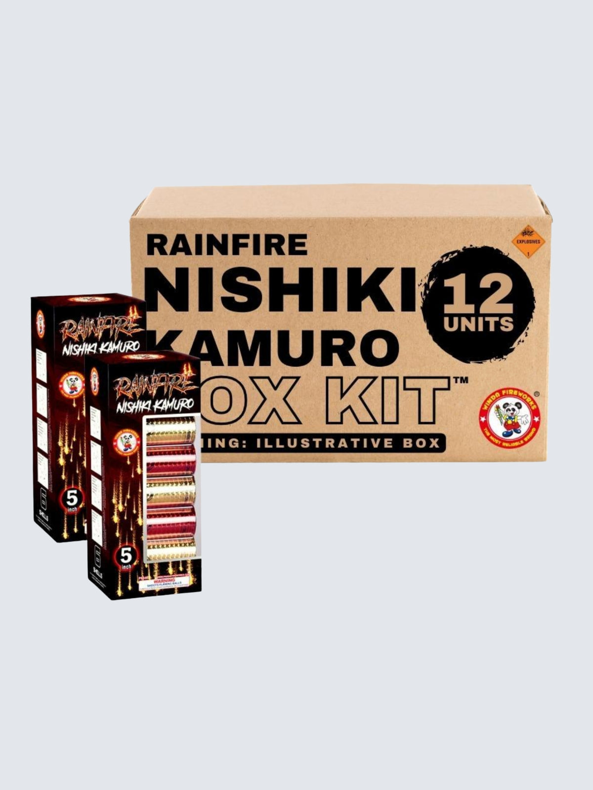 Rainfire Nishiki Kamuro 12-unit box kit featuring 5-inch artillery shell fireworks with bold black, red, and gold packaging.