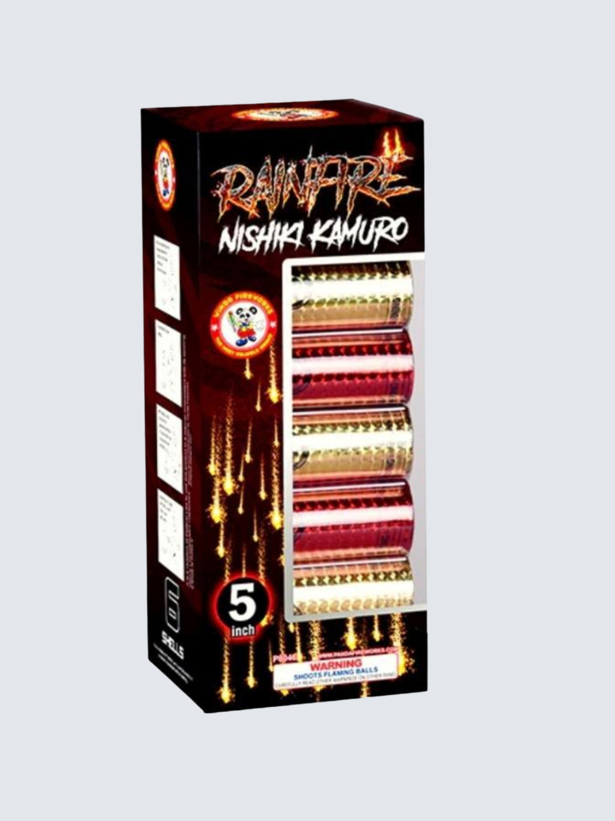 Rainfire Nishiki Kamuro 5-Inch artillery shell fireworks kit featuring premium shells in red, gold, and white packaging.