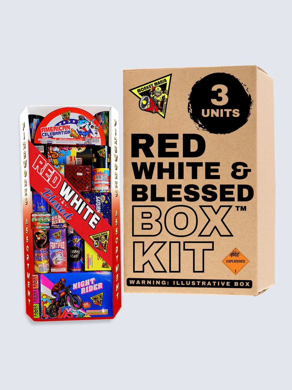 Red White & Blessed fireworks assortment box kit by Monkey Mania, featuring 3 units with patriotic-themed assorted fireworks.