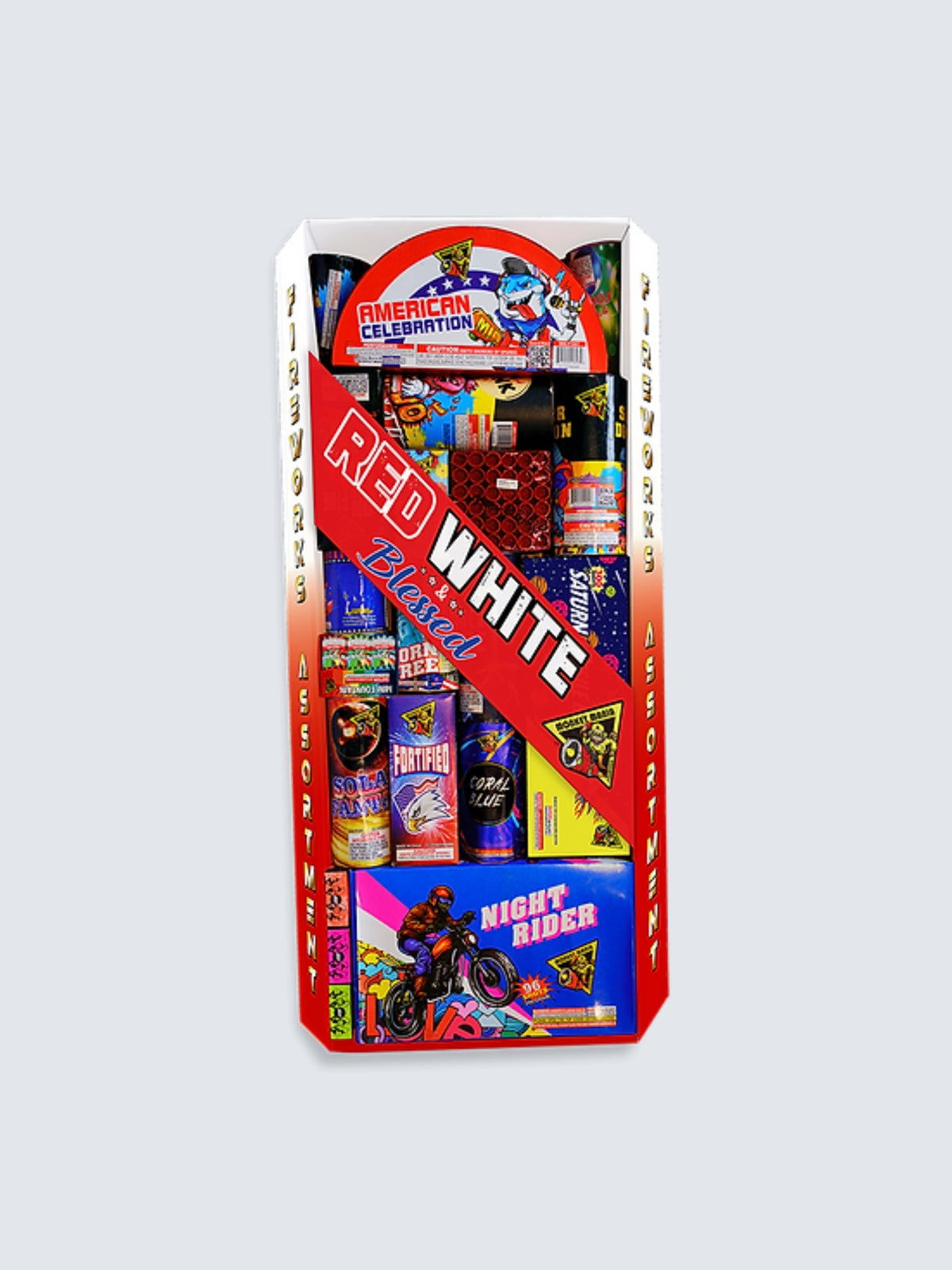 Red White & Blessed Fireworks Assortment featuring a large patriotic display box packed with assorted ground fireworks and novelties.