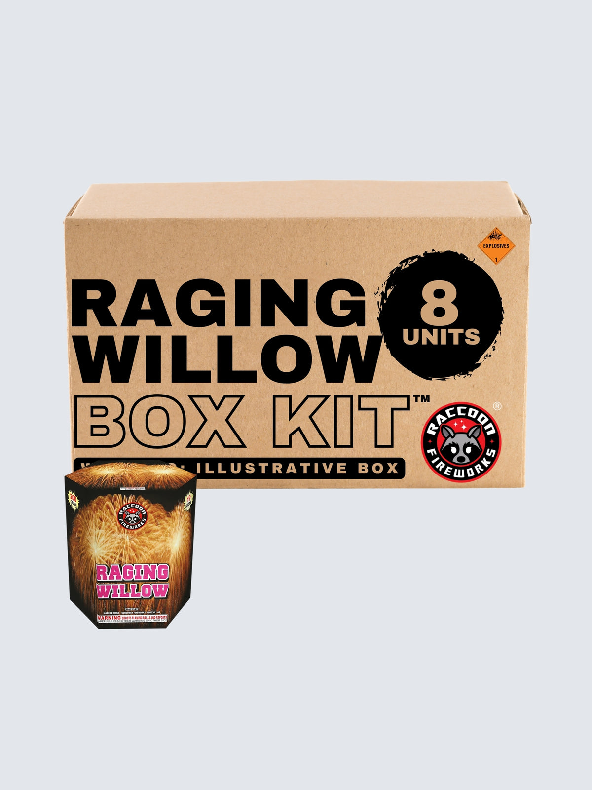 Raging Willow 19-shot aerial repeater box kit by Raccoon Fireworks with 8 units and golden willow burst artwork.