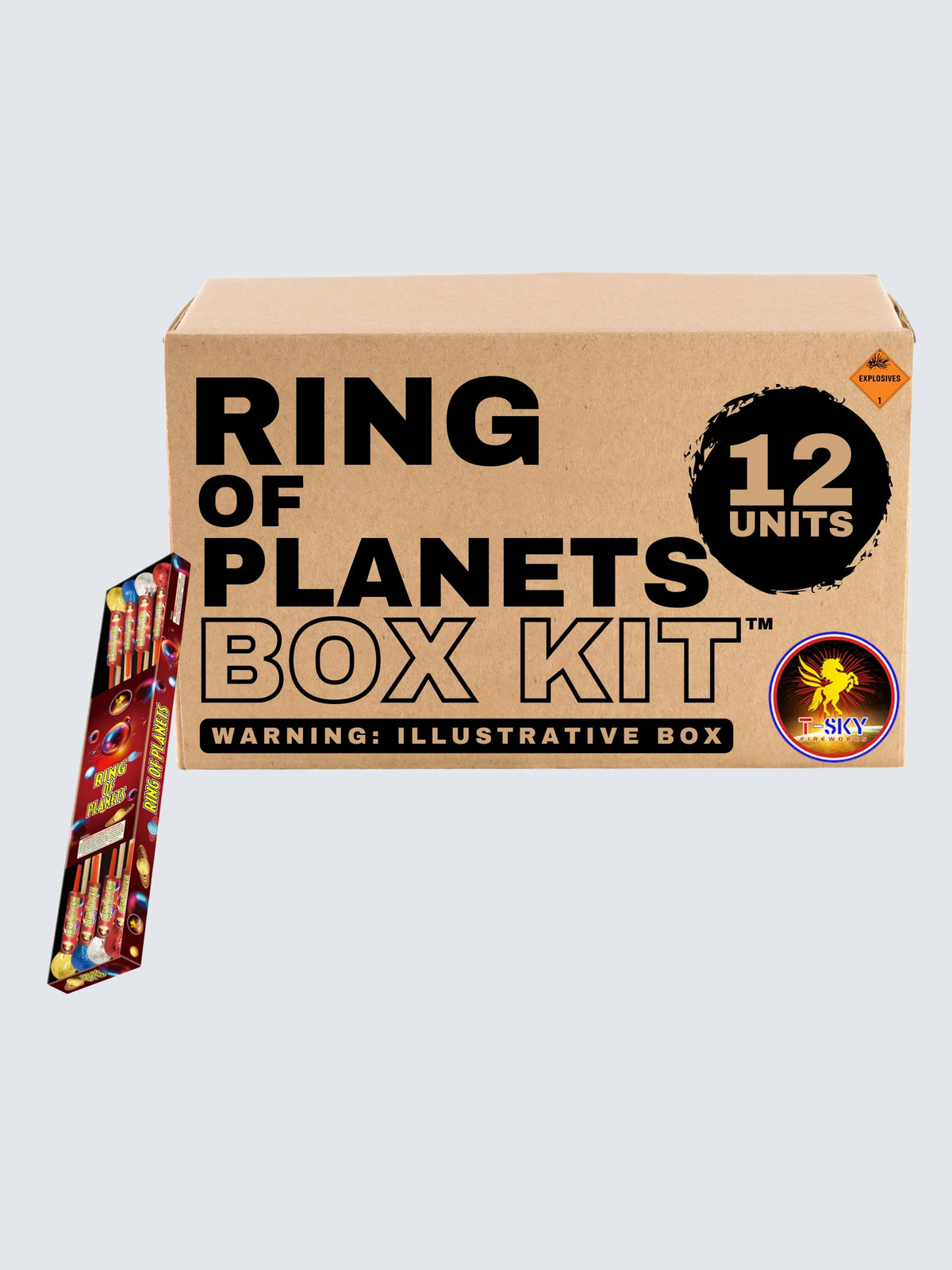 Ring of Planets fireworks box kit by T-Sky Fireworks, featuring 12 units with colorful space-themed rocket packaging.
