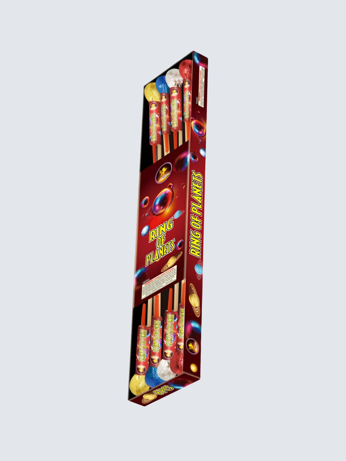 Ring of Planets fireworks rocket pack by T-Sky Fireworks, featuring red packaging with colorful planets and space-themed artwork.