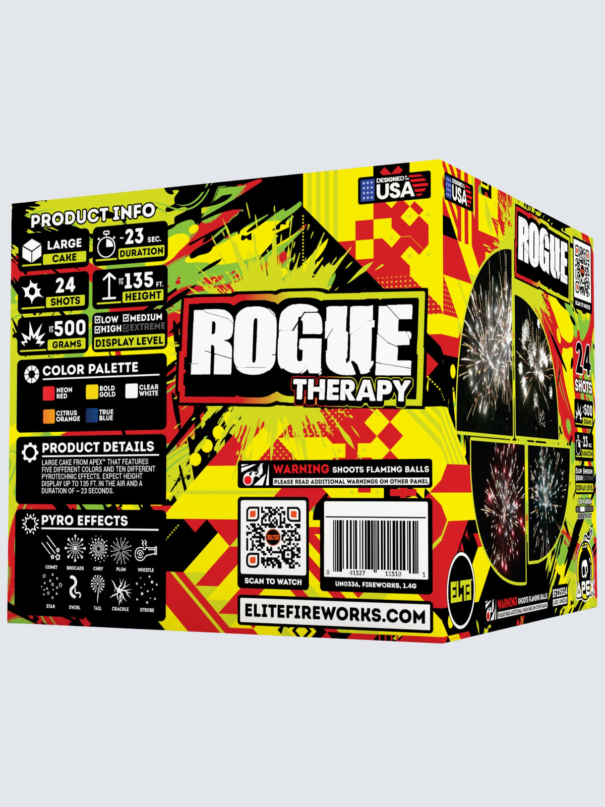Unit of Rogue Therapy large cake fireworks. Packaging shows a splatter of red and yellow colors.