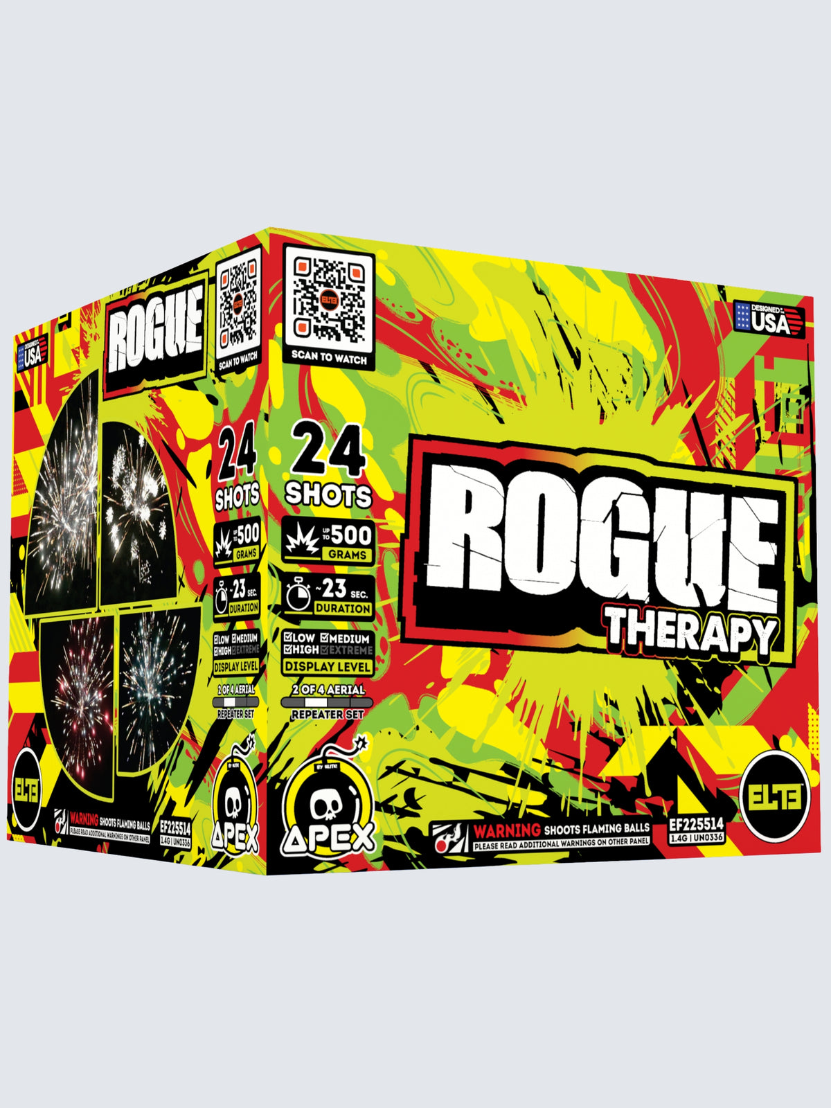 Unit of Rogue Therapy large cake fireworks. Packaging shows a splatter of red and yellow colors.