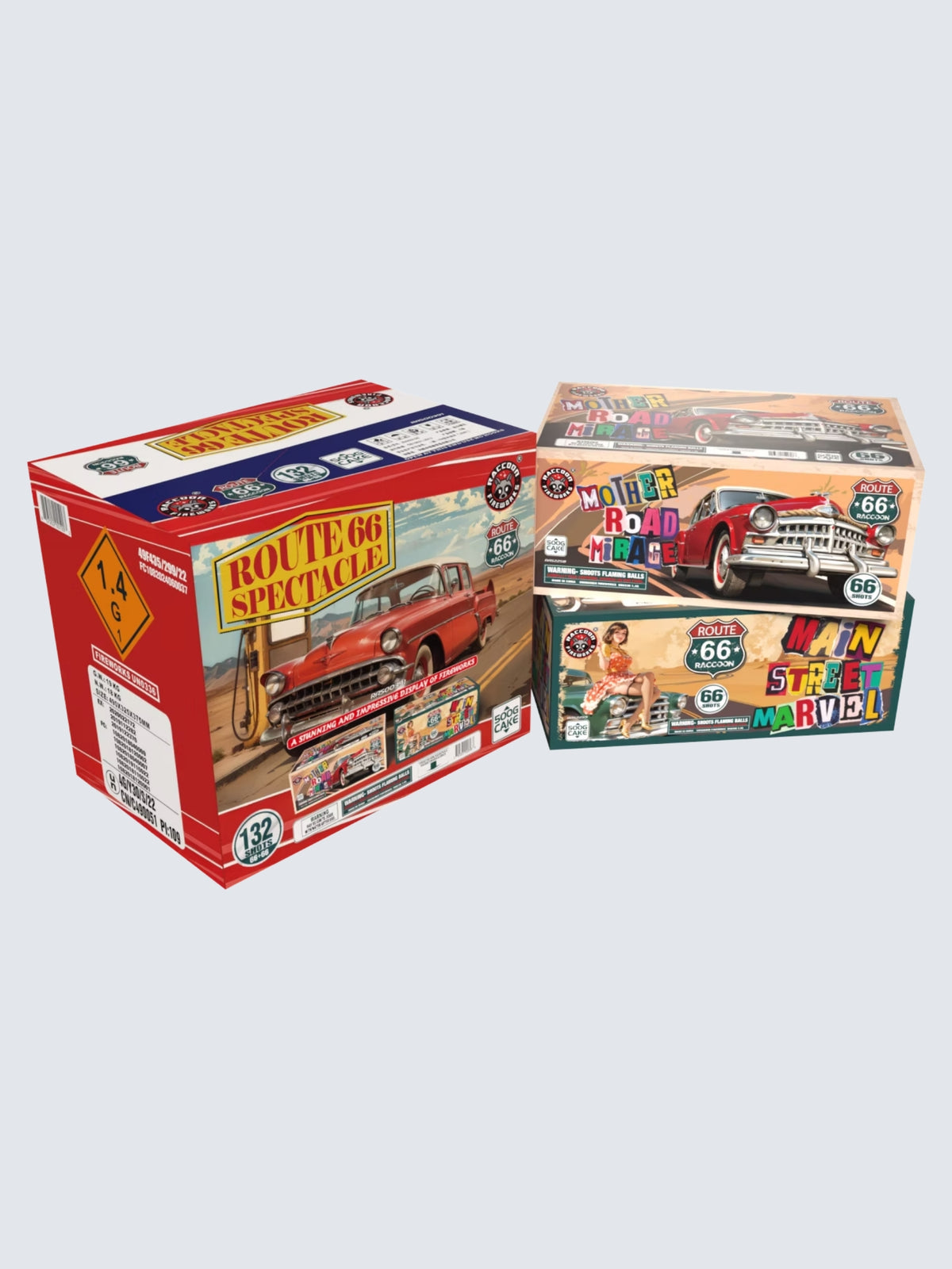 Route 66 Spectacle 132-shot fireworks box kit by Raccoon Fireworks, featuring vintage cars and retro highway artwork.