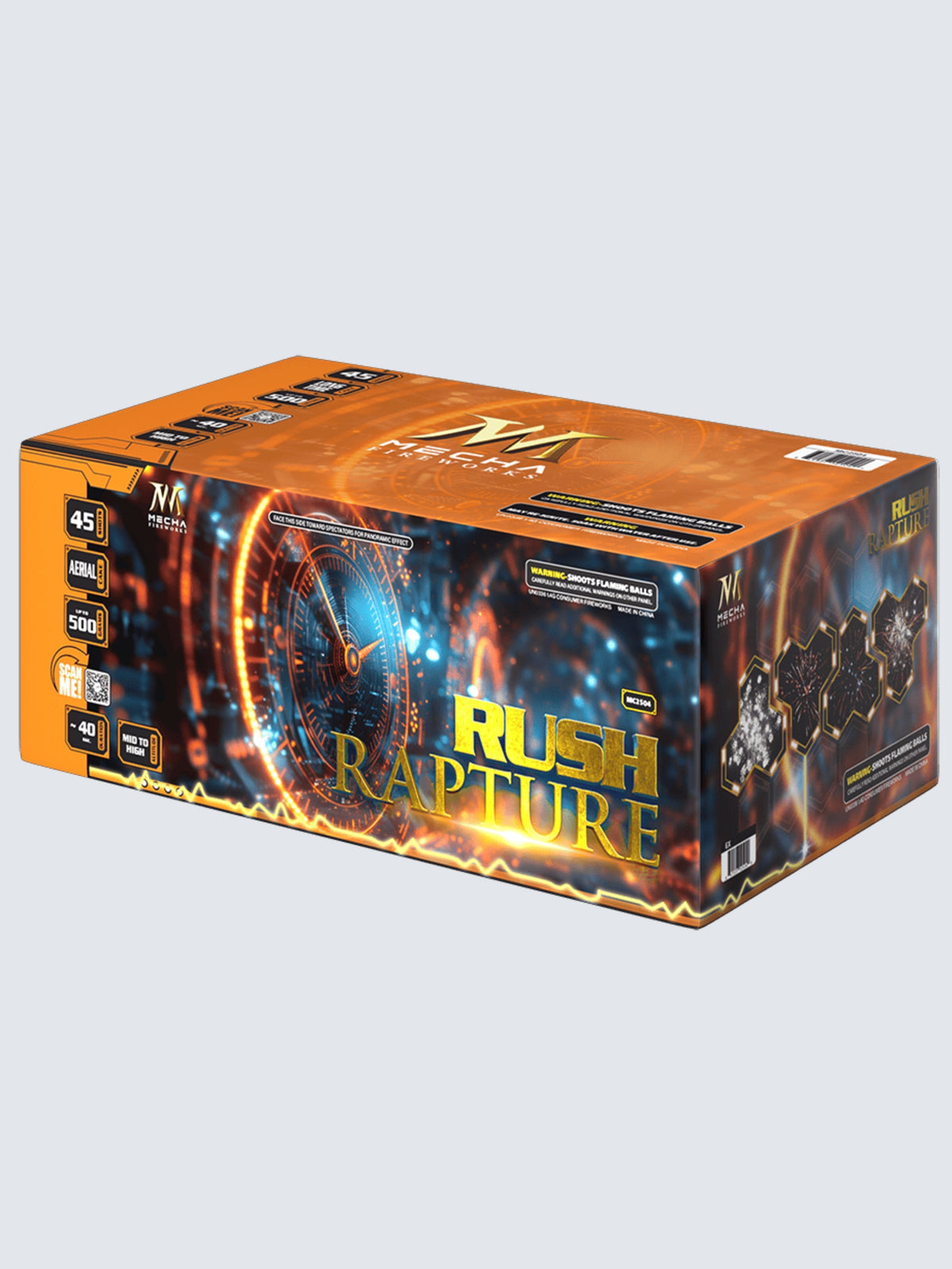 Unit of Rush Rapture, large cake firework. The package shows a hologram clock and futuristic background.