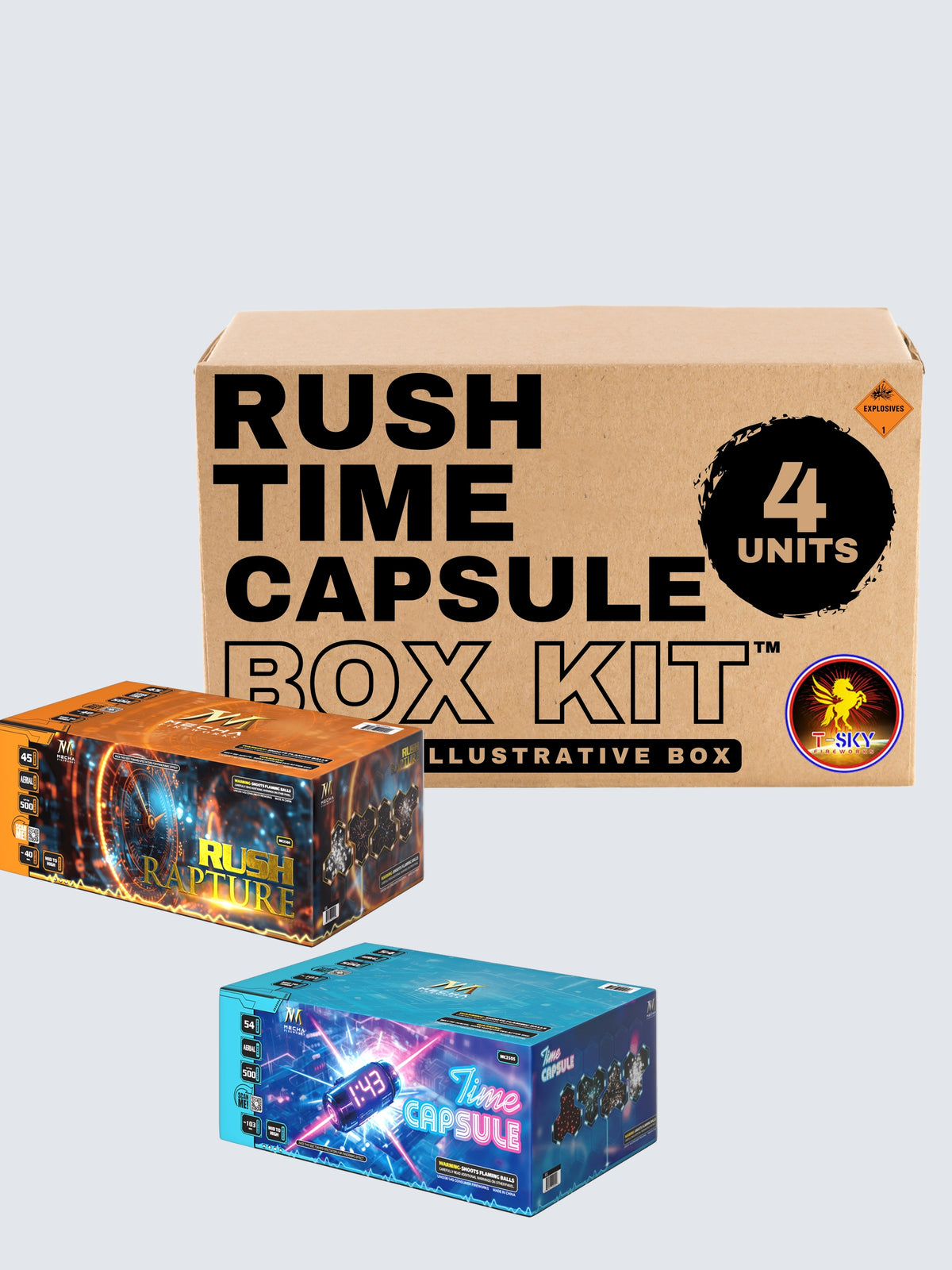 Box kit of Rush Time Capsule large cake fireworks. Includes 4 units.
