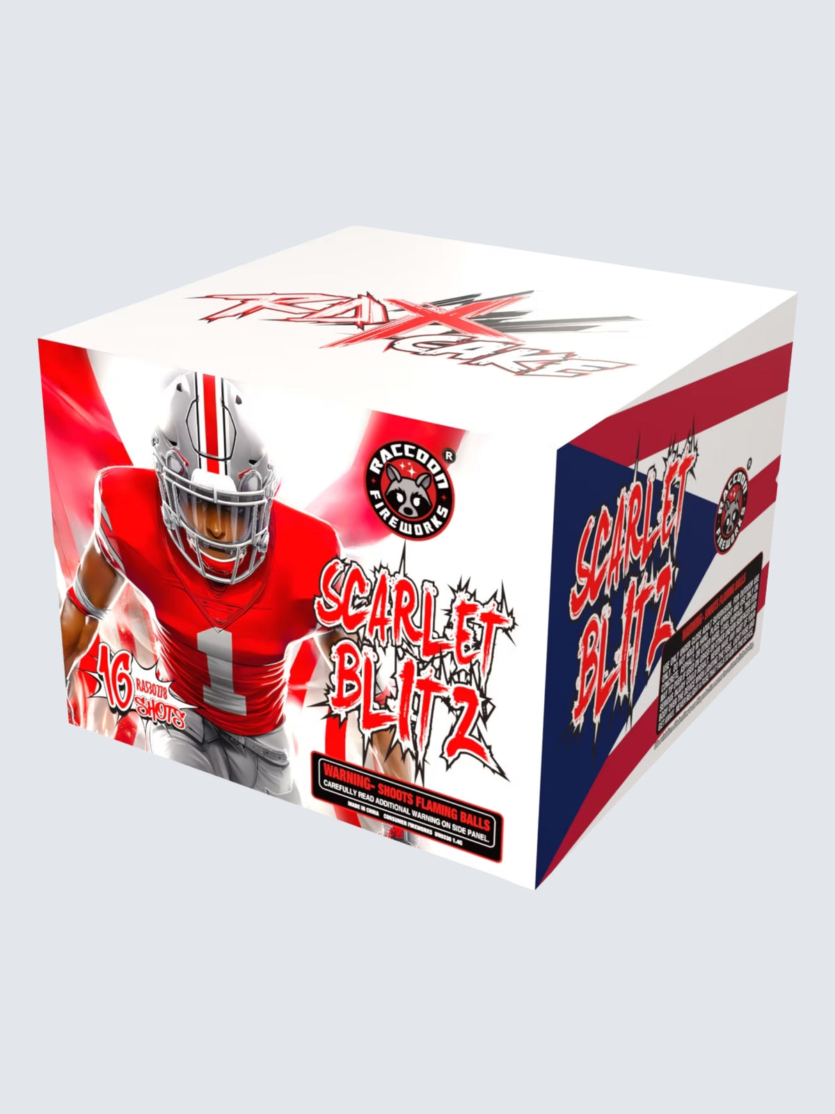 Scarlet Blitz 16-shot aerial repeater firework by Raccoon Fireworks featuring a red-uniformed football player and bold sports-themed box art.