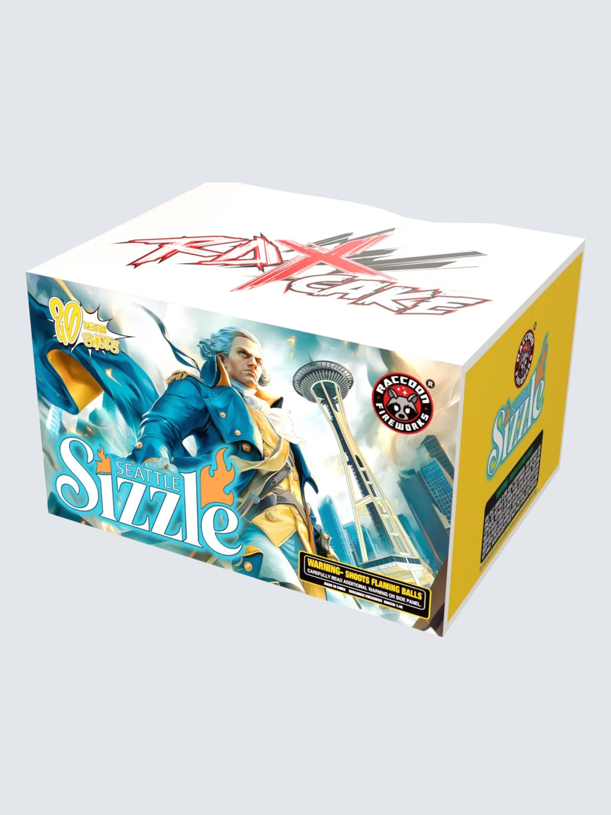 Unit of Seattle Sizzle large cake fireworks. Includes 20 shots. Packaging shows George Washington, with the Seattle Space Needle.