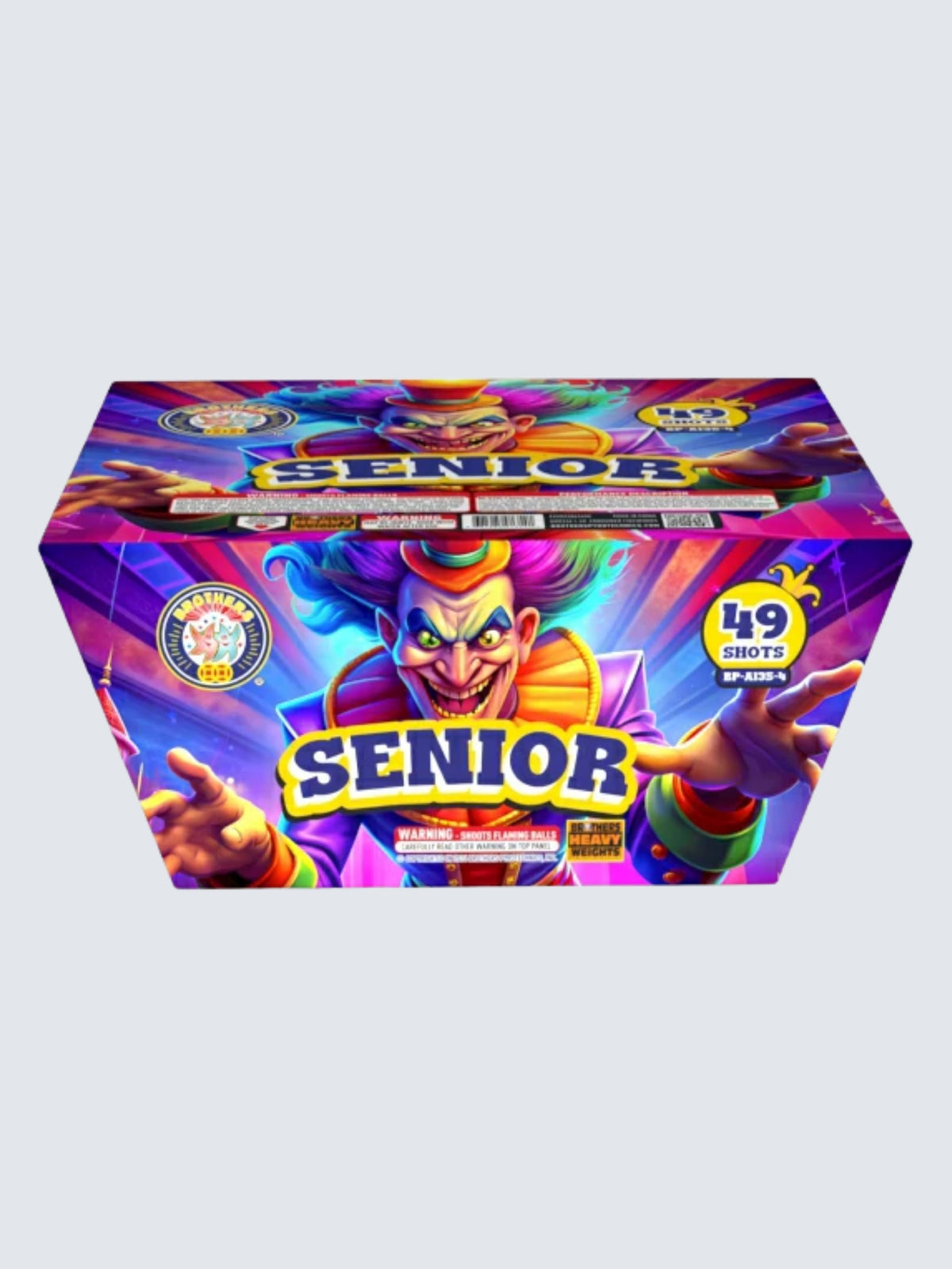 Senior 49-shot aerial repeater by Brothers Fireworks, featuring a sinister clown with colorful hair and vibrant purple artwork.