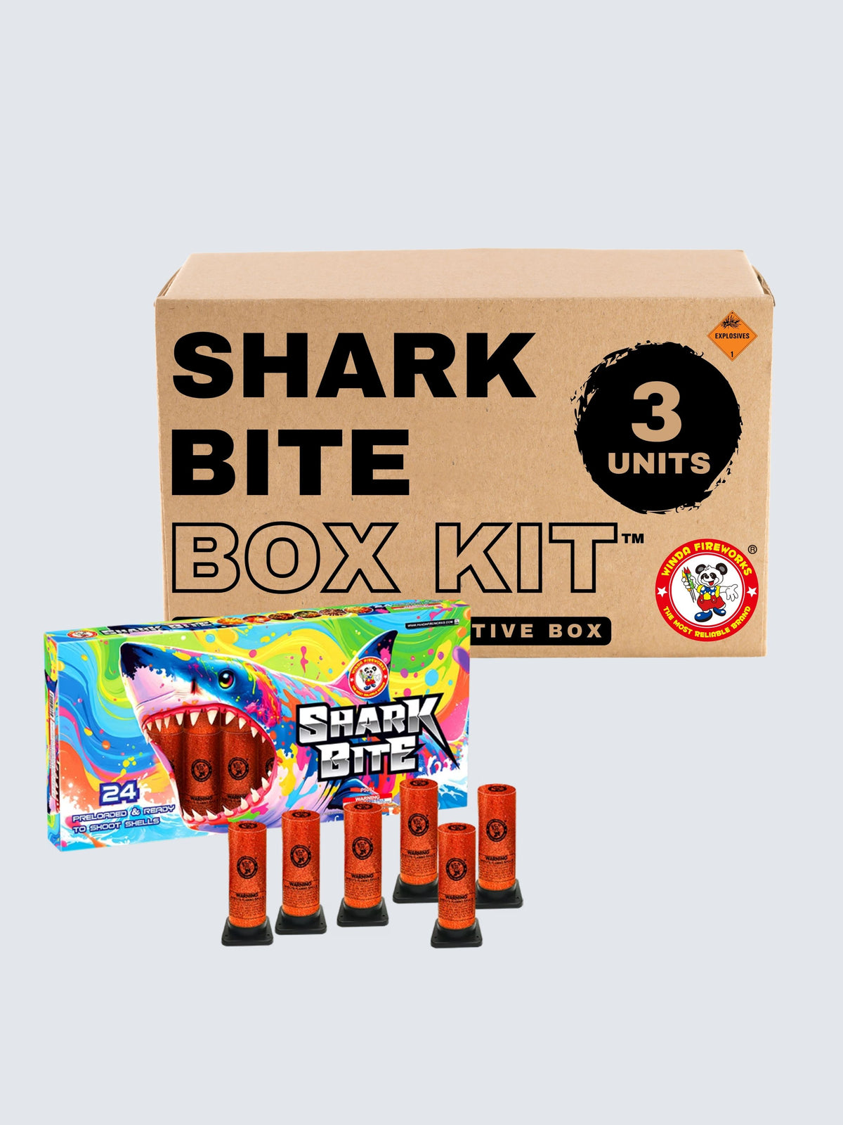 Shark Bite box kit, with 3 units of shell fireworks. With bright rainbow box art and giant shark art.