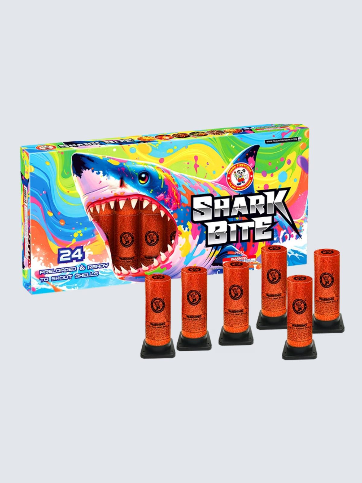 Unit of shark bite shell fireworks, including 24 shells. Bright rainbow colored box, with crazy shark on the front