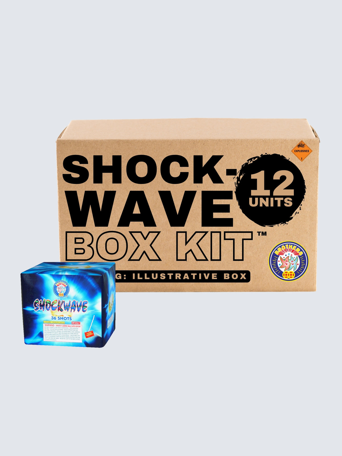 Brothers Fireworks Shockwave 36-shot aerial repeater box kit with 12 units and blue energy-themed packaging.