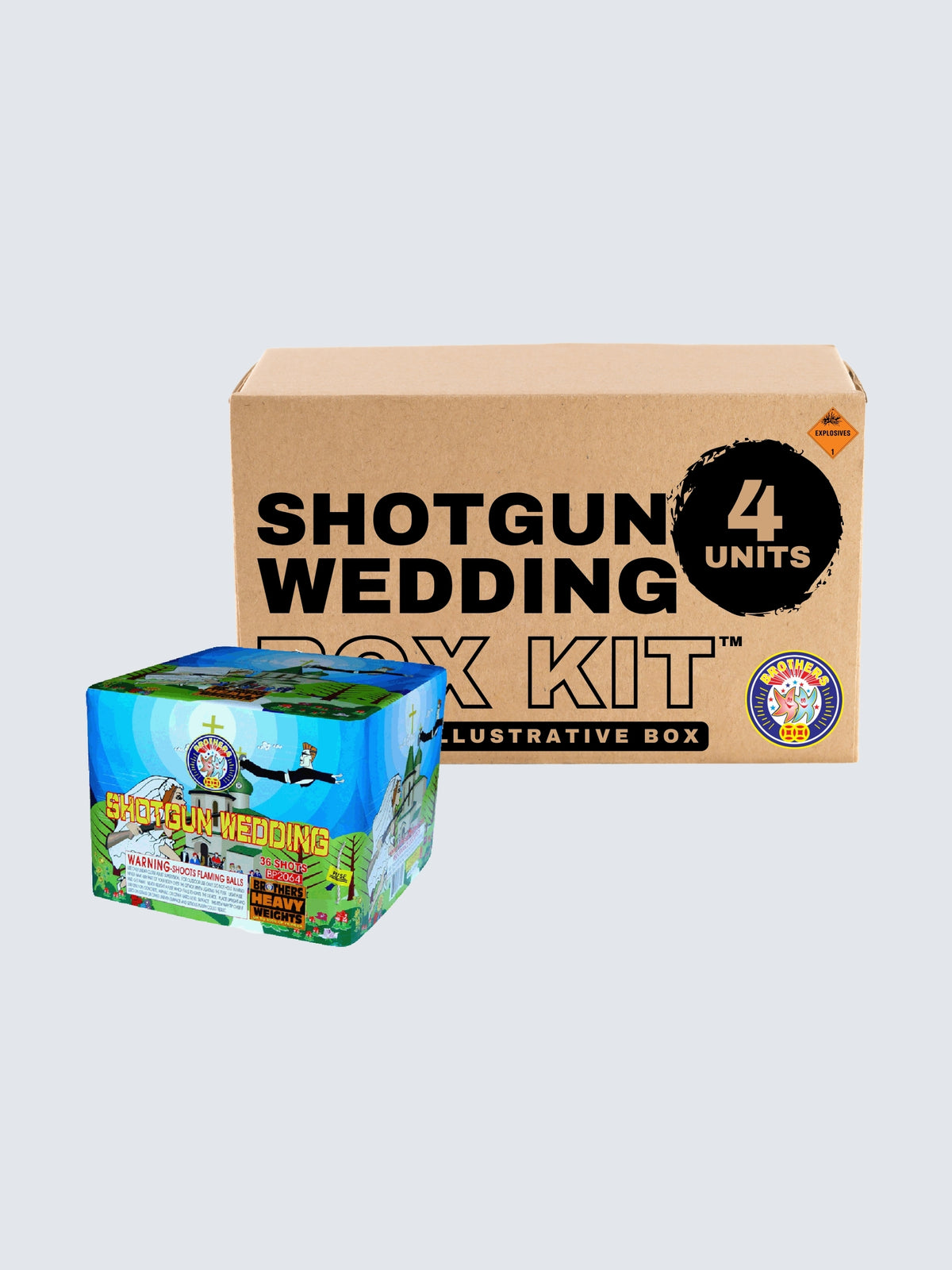 Shotgun wedding box kit. Includes four units of Brothers Aerial Cake fireworks with funny cartoon wedding art.