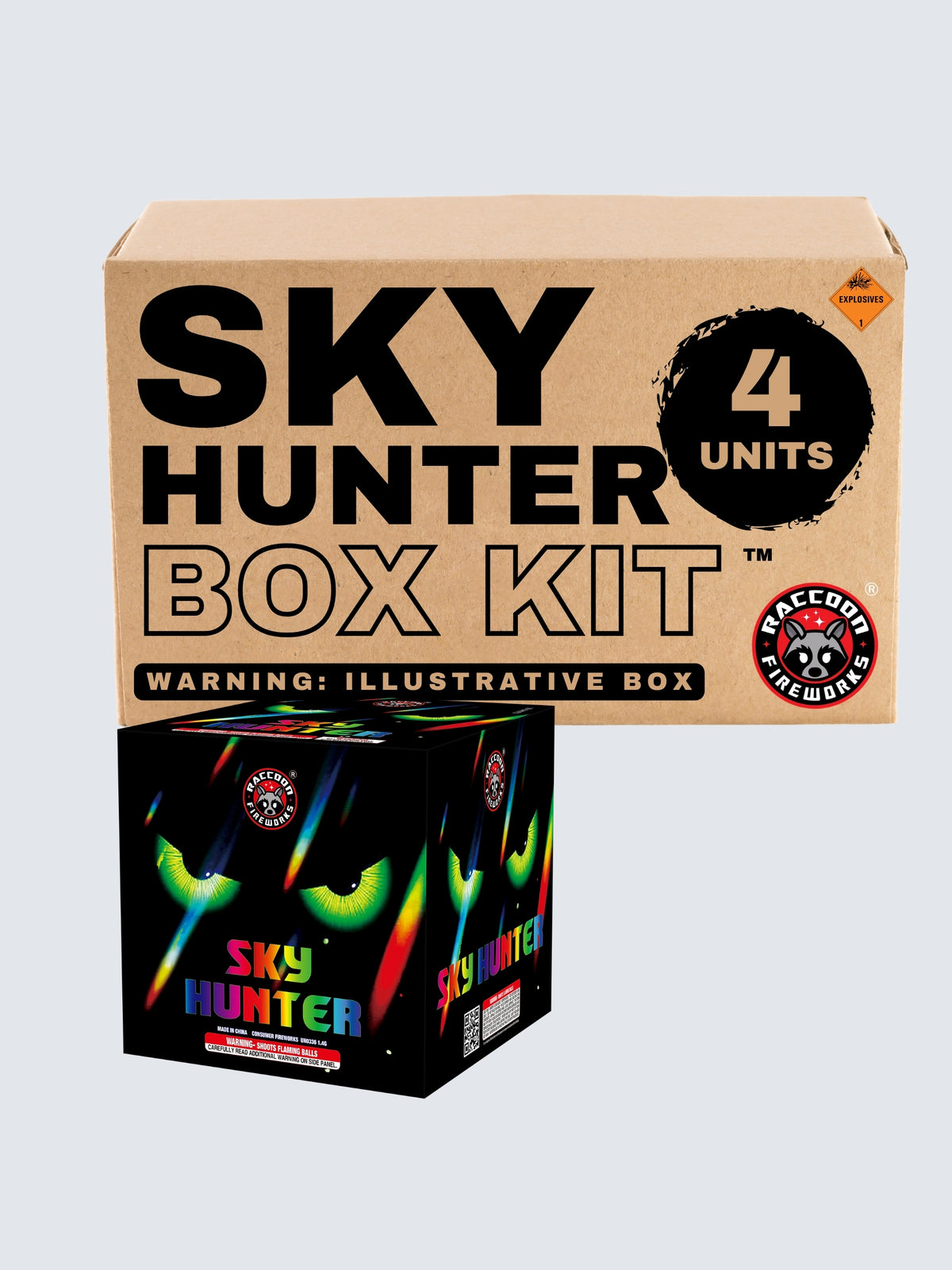 Sky Hunter 20-shot box kit by Raccoon Fireworks with four units, neon rainbow streaks, and green eyes on black packaging.