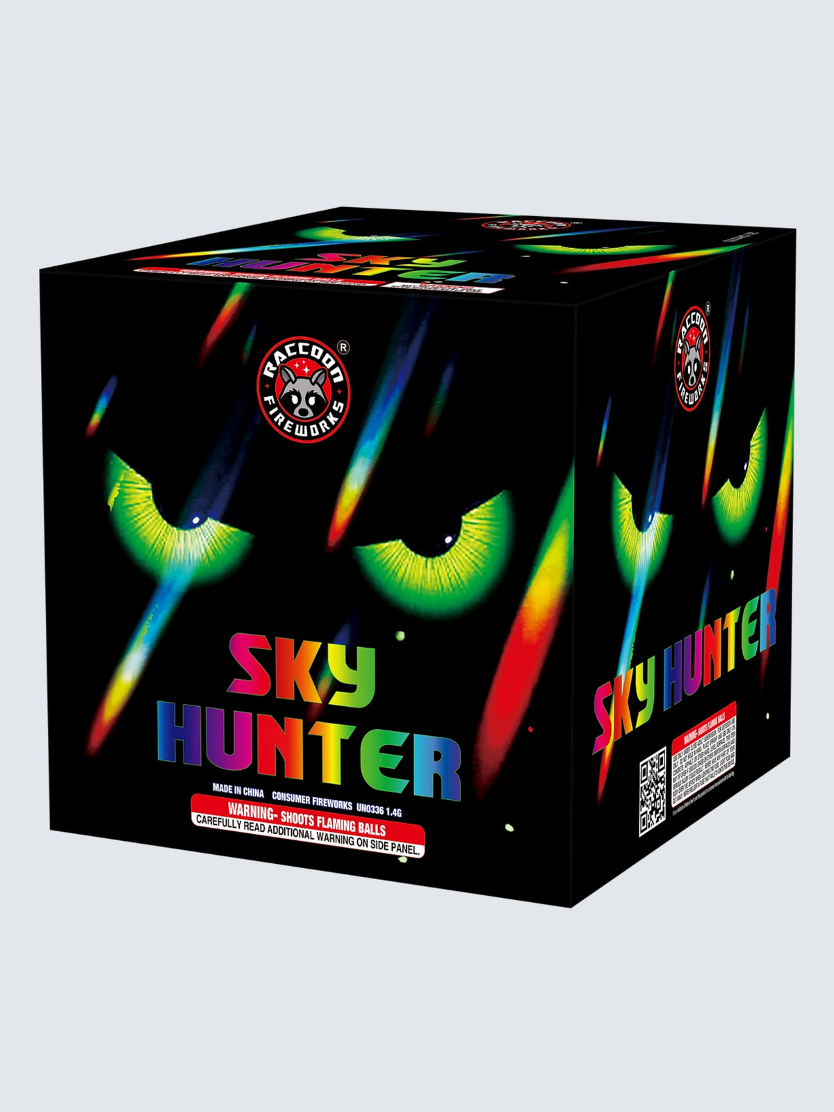 Sky Hunter 20-shot aerial repeater by Raccoon Fireworks with neon rainbow streaks and glowing green eyes on black.