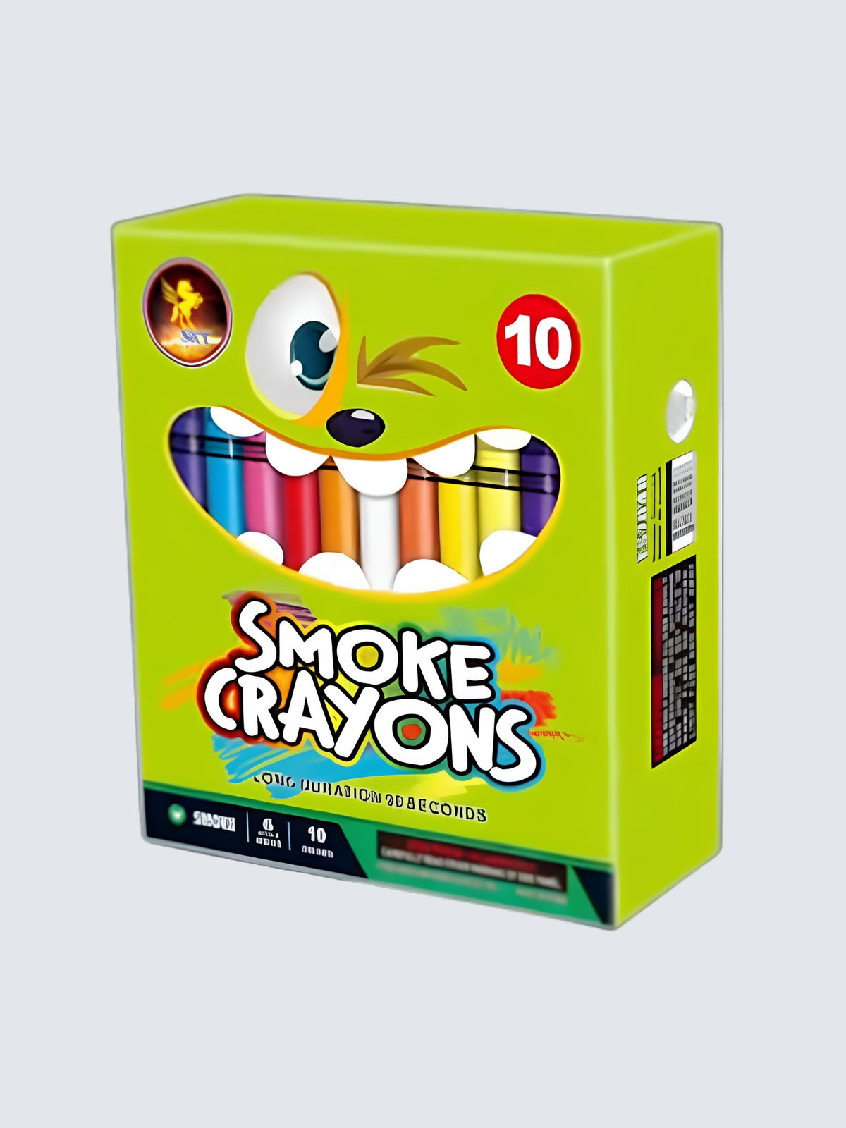 Smoke Crayons 10-piece novelty smoke fireworks pack featuring colorful crayons and bright green cartoon-style packaging.