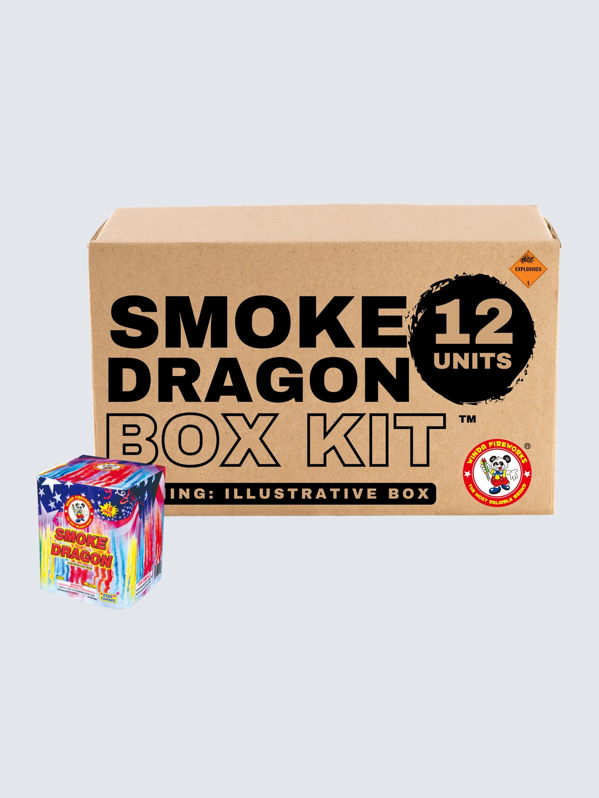 Smoke Dragon 16-shot aerial repeater box kit by Winda Fireworks includes 12 units with patriotic stars and colorful smoke artwork.