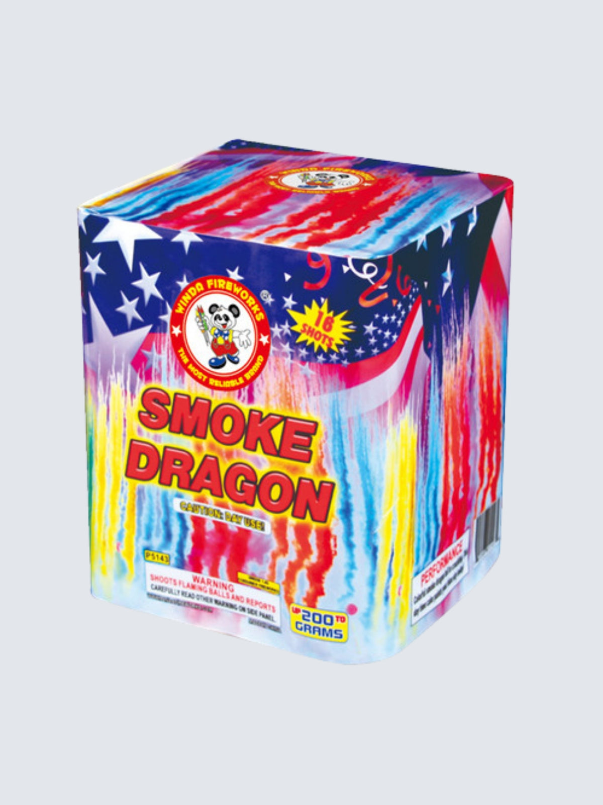 Smoke Dragon 16-shot 200-gram aerial repeater by Winda Fireworks features patriotic stars and colorful red, blue, and yellow smoke.