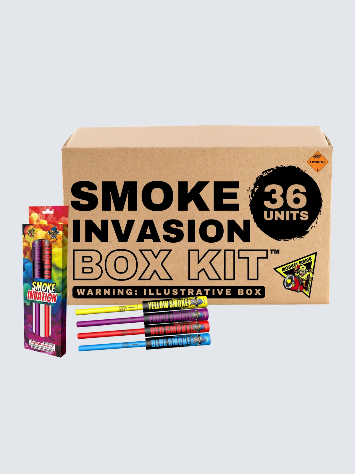 Smoke Invasion smoke stick box kit by Monkey Mania with 36 units, yellow, purple, red, and blue sticks, and colorful smoke-cloud packaging.